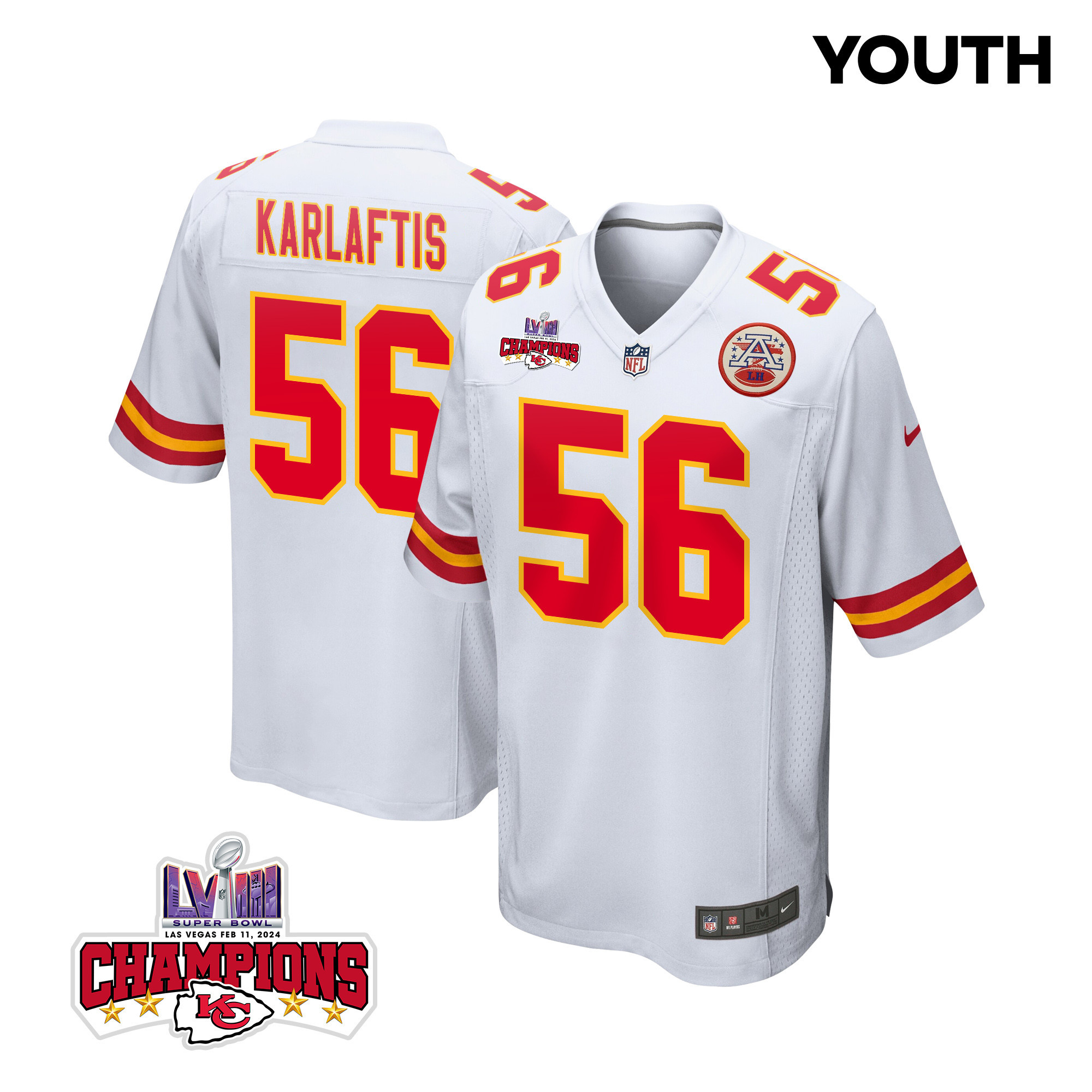 George Karlaftis 56 Kansas City Chiefs Super Bowl LVIII Champions 4 Stars Patch Game White NFL Jersey Youth