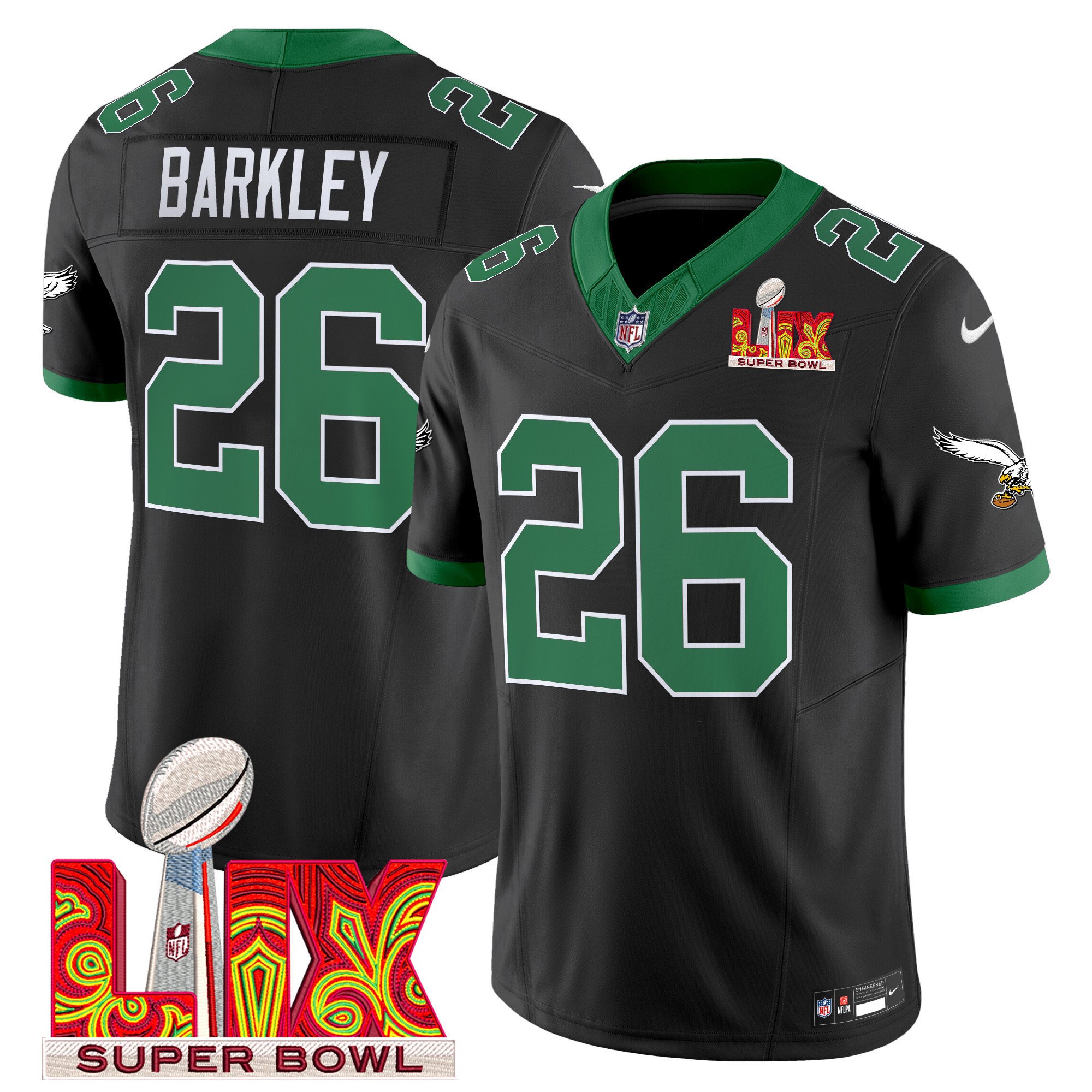 Saquon Barkley 26 Philadelphia Eagles Kelly Green Super Bowl Champions LIX Patch Vapor Limited Black NFL Jersey Men's