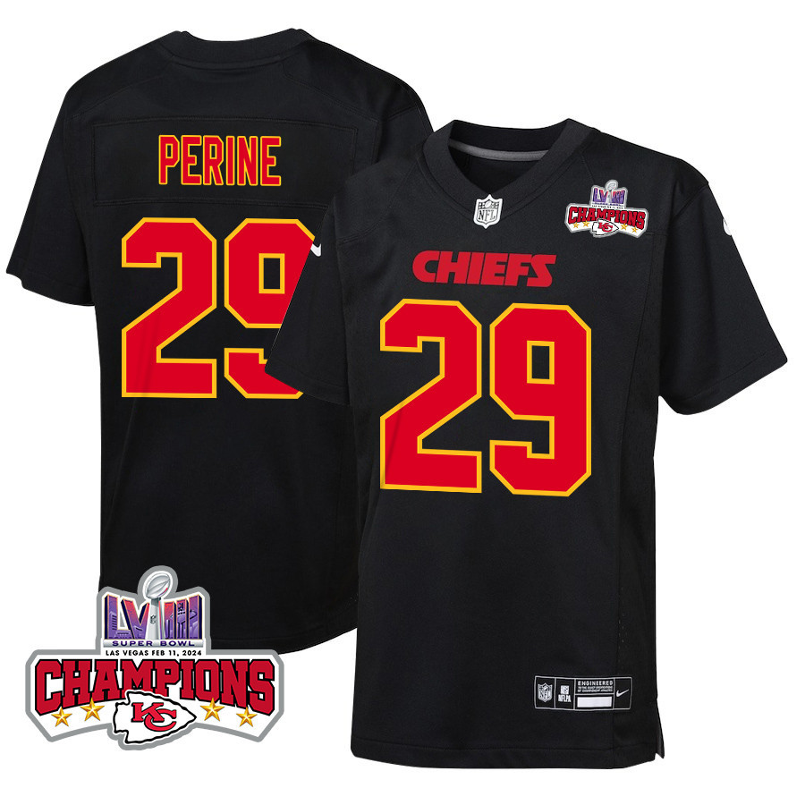 La'Mical Perine 29 Kansas City Chiefs Super Bowl LVIII Champions 4 Stars Patch Fashion Game Carbon Black NFL Jersey Youth