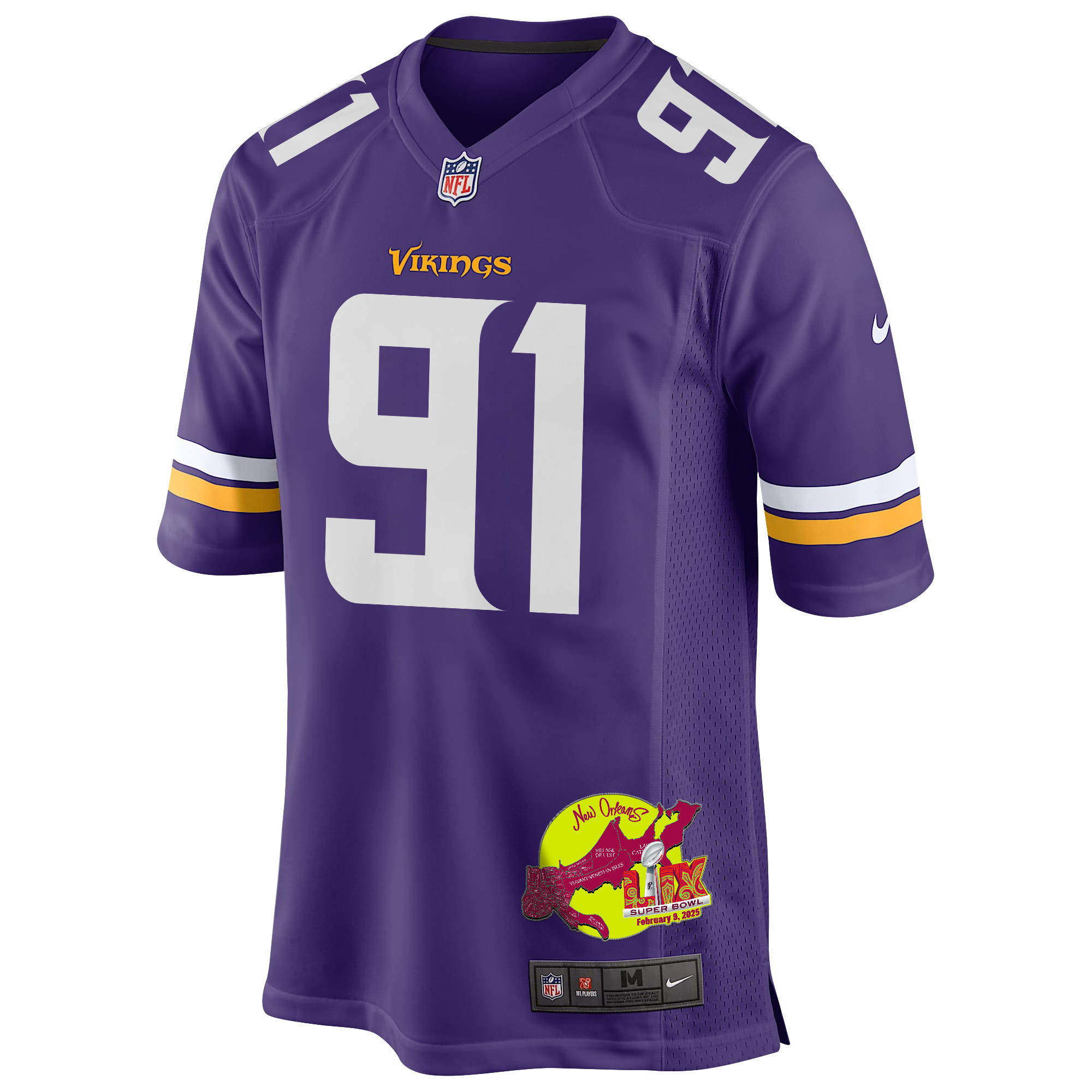 Pat Jones II 91 Minnesota Vikings Super Bowl LIX New Orleans Patch Game Purple NFL Jersey Men's