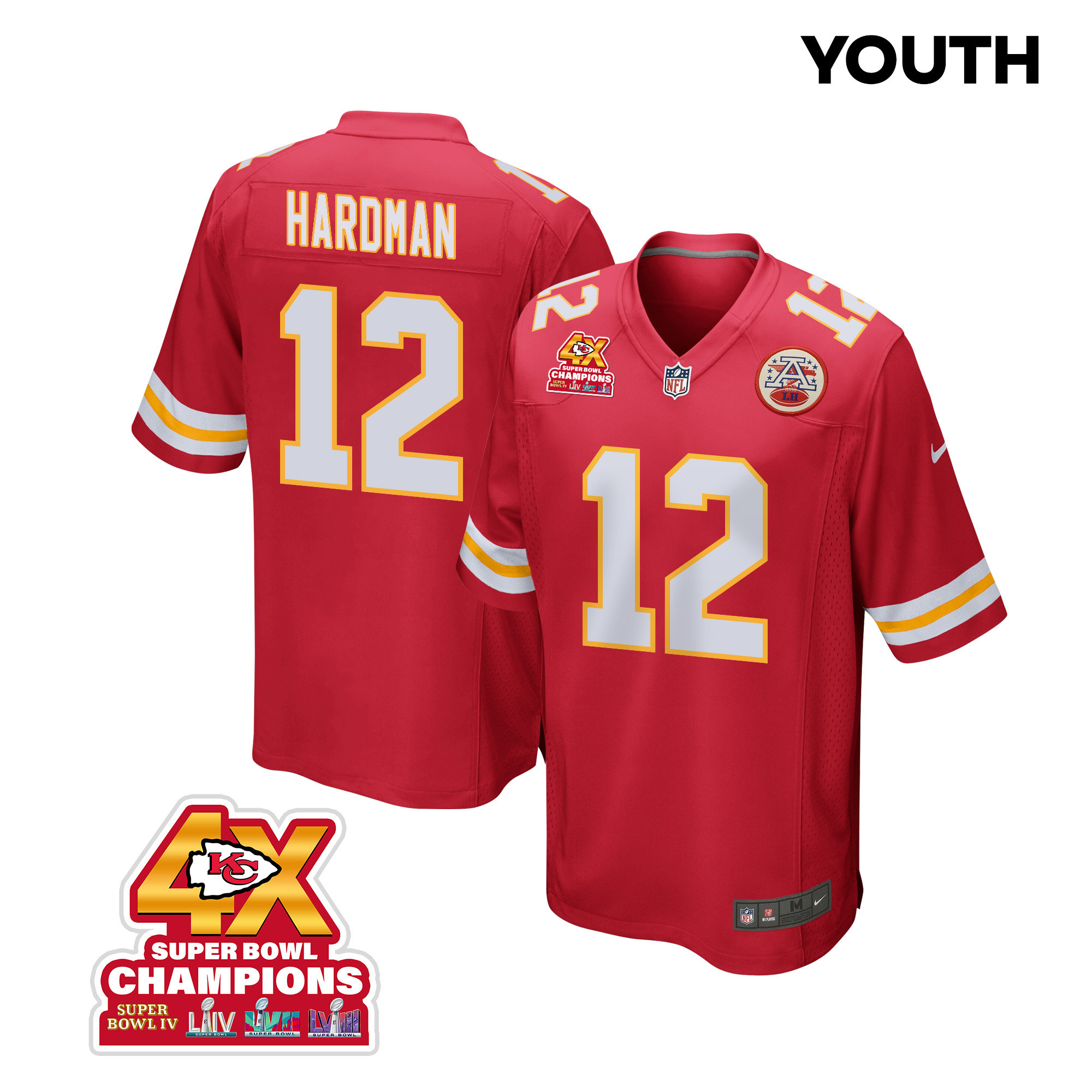 Mecole Hardman 12 Kansas City Chiefs Super Bowl LVIII Champions 4X Game Red NFL Jersey Youth