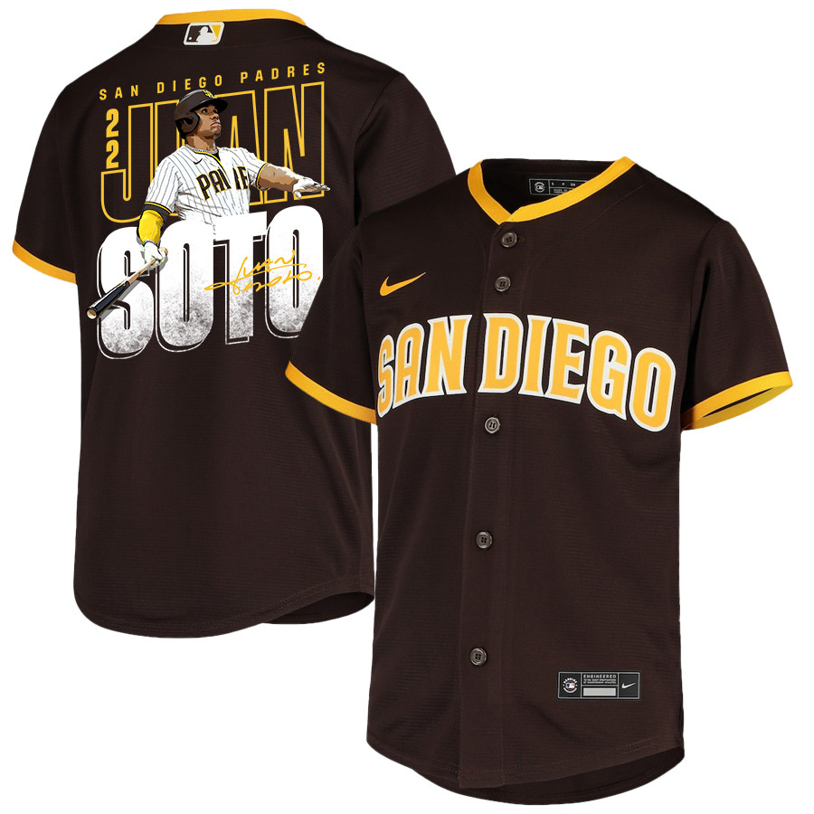 Juan Soto 22 San Diego Padres Signed Posture 2023 Road Player Brown MLB Jersey Youth
