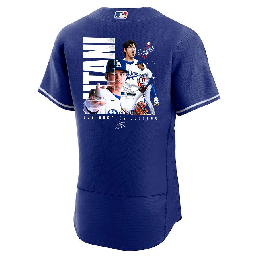Shohei Ohtani 17 Los Angeles Dodgers Signed Name 2023 Alternate ELITE Royal MLB Jersey Men's
