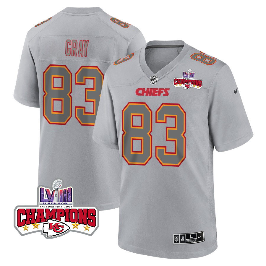 Noah Gray 83 Kansas City Chiefs Super Bowl LVIII Champions 4 Stars Patch Atmosphere Fashion Game Gray NFL Jersey Men's