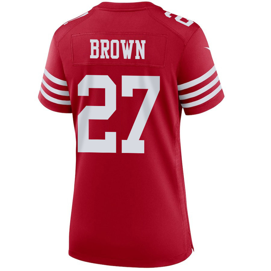 Ji'Ayir Brown 27 San Francisco 49ers Super Bowl LVIII Patch Game Scarlet NFL Jersey Women's