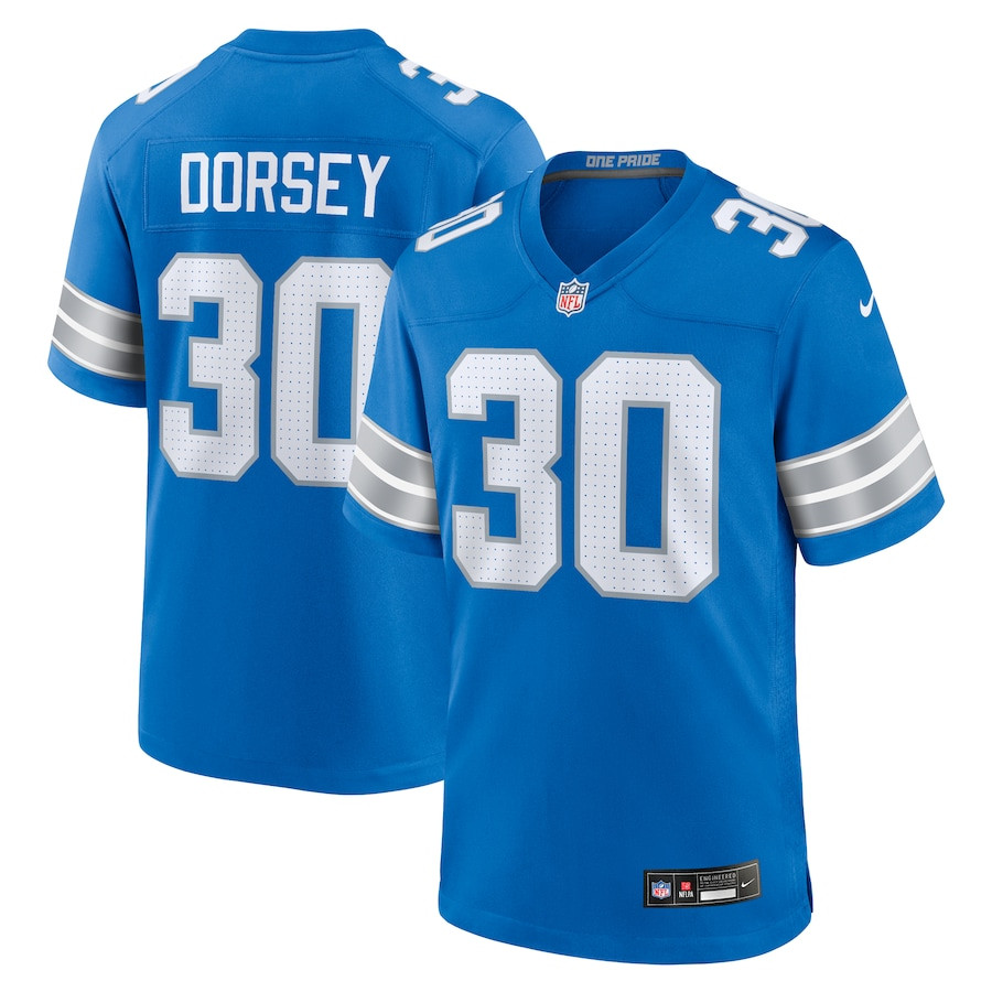 Khalil Dorsey 30 Detroit Lions Team Game Blue NFL Jersey Men's