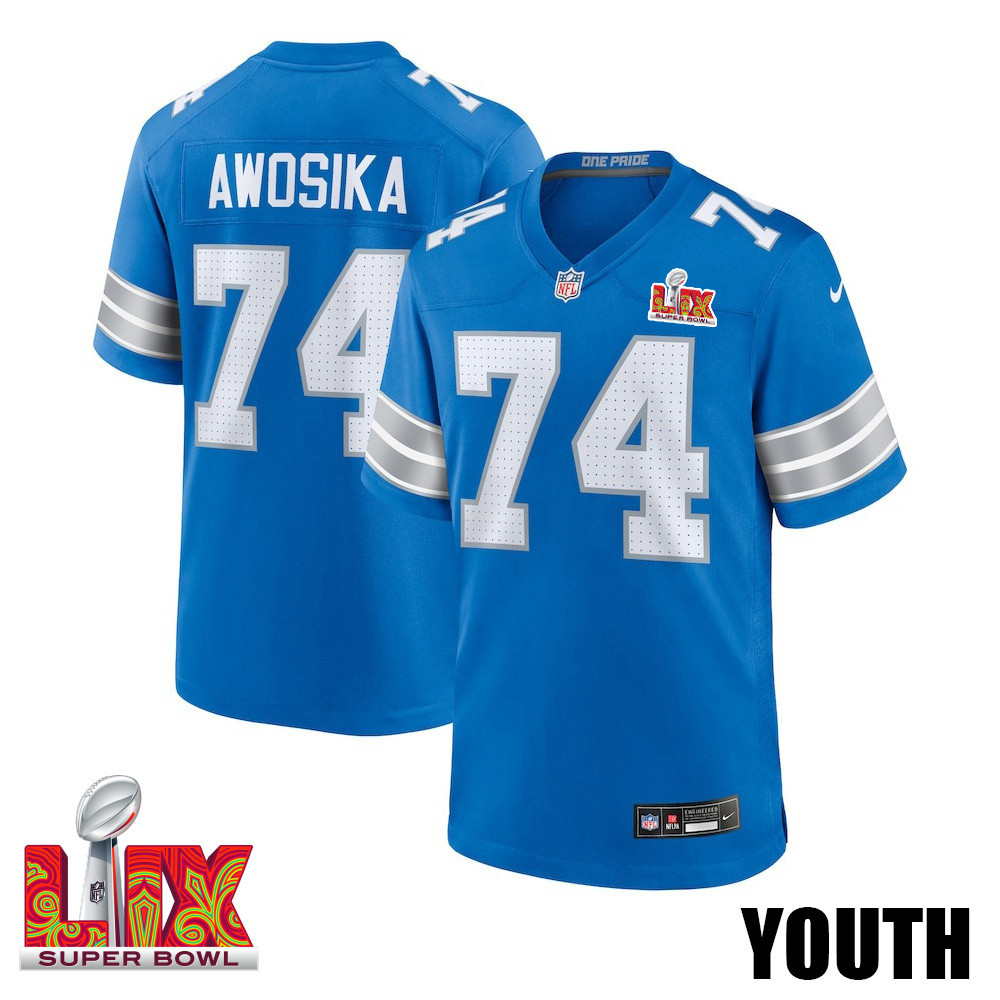 Kayode Awosika #74 Detroit Lions Super Bowl LIX Blue NFL Jersey Youth