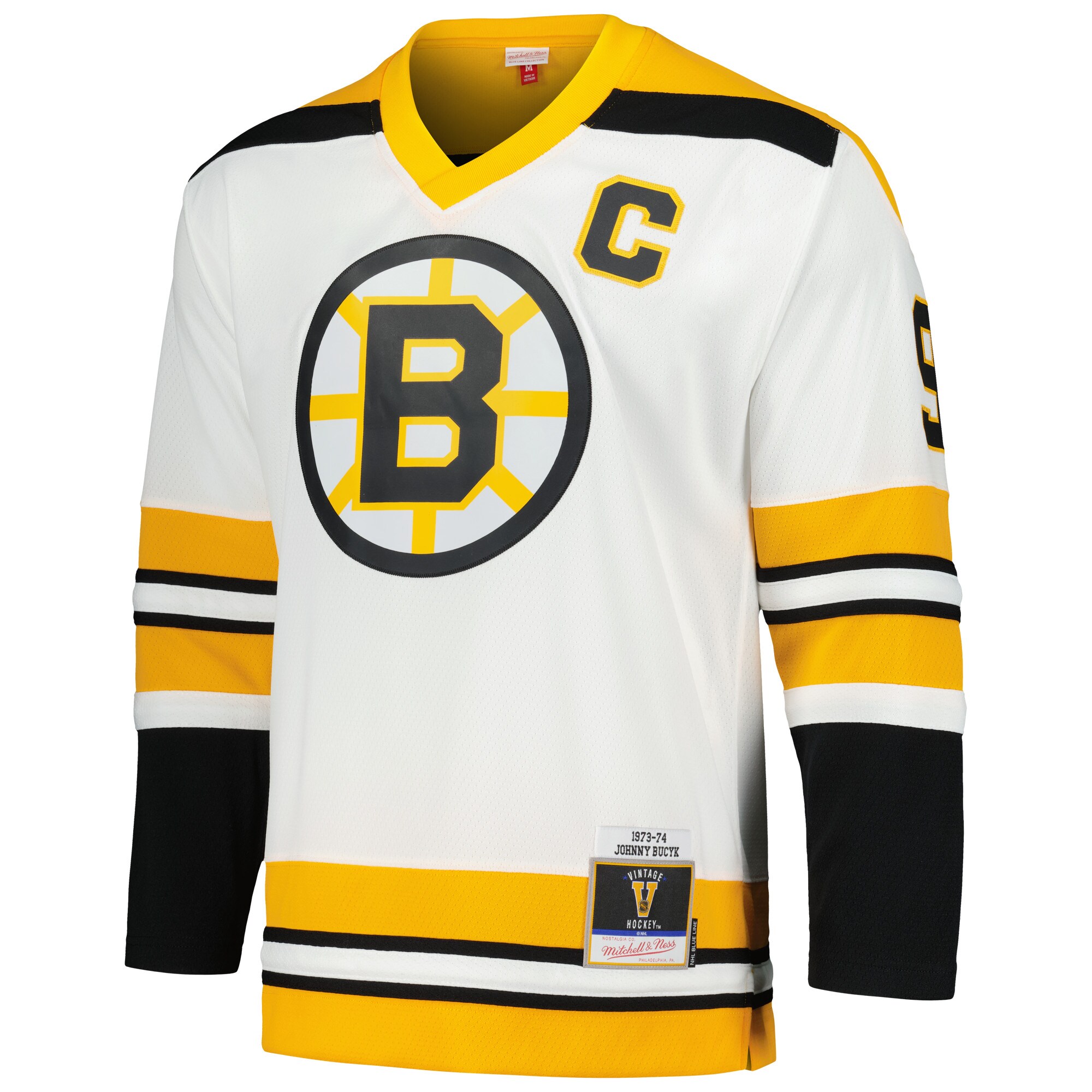Boston Bruins Johnny Bucyk Mitchell Ness White 1973/74 Blue Line Player NHL Jersey Men's