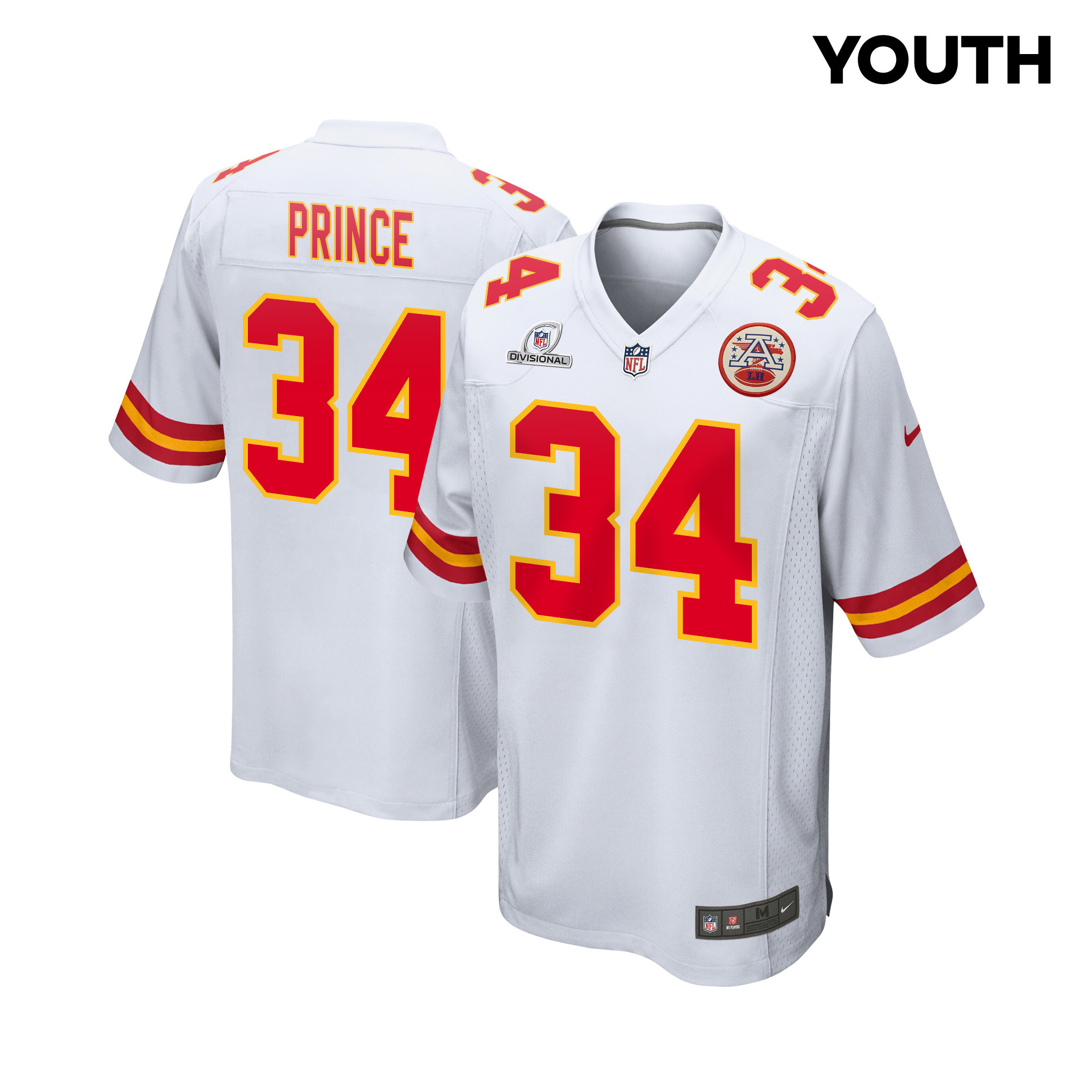 Deneric Prince 34 Kansas City Chiefs Super Bowl LVIII Patch Game White NFL Jersey Youth