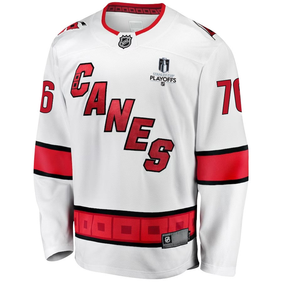 Brady Skjei 76 Carolina Hurricanes Stanley Cup 2023 Playoffs Patch Away Breakaway White NHL Jersey Men's