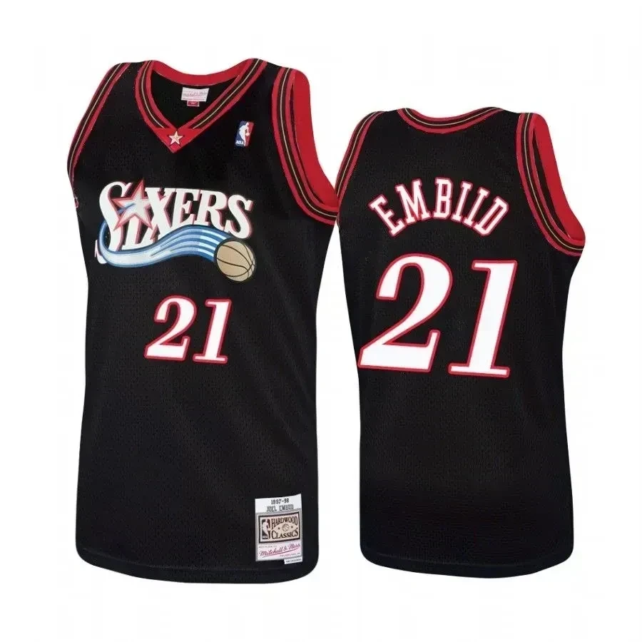 Philadelphia 76ers 21 Joel Embiid Hardwood Classics Black NBA Jersey Men's