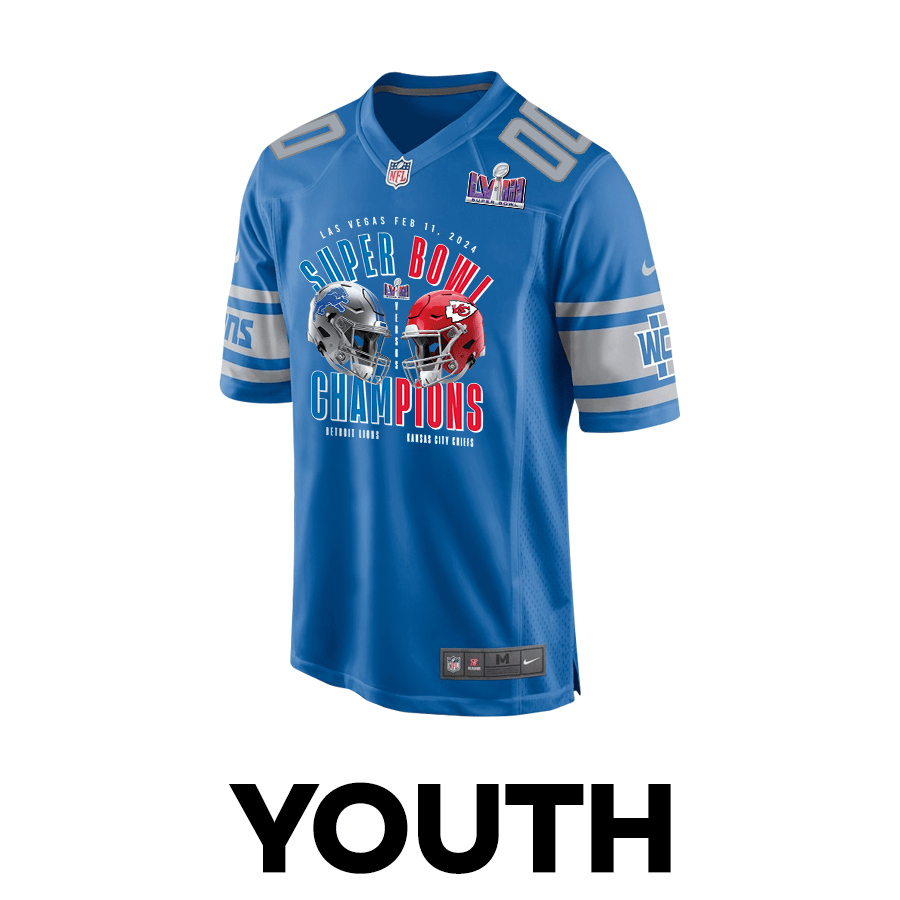 Detroit Lions vs. Kansas City Chiefs Super Bowl LVIII Matchup Game Custom Blue NFL Jersey Youth