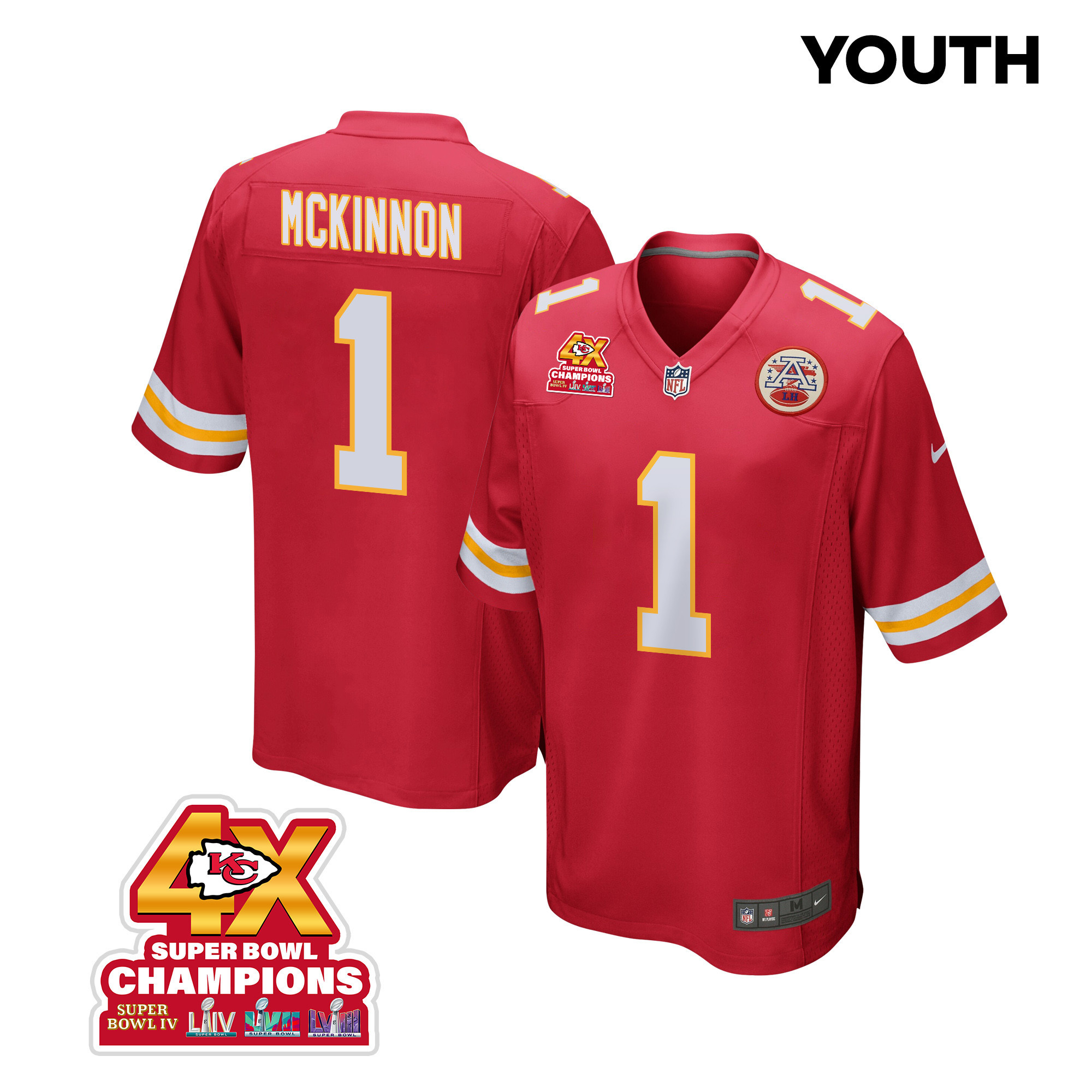 Jerick McKinnon 1 Kansas City Chiefs Super Bowl LVIII Champions 4X Game Red NFL Jersey Youth