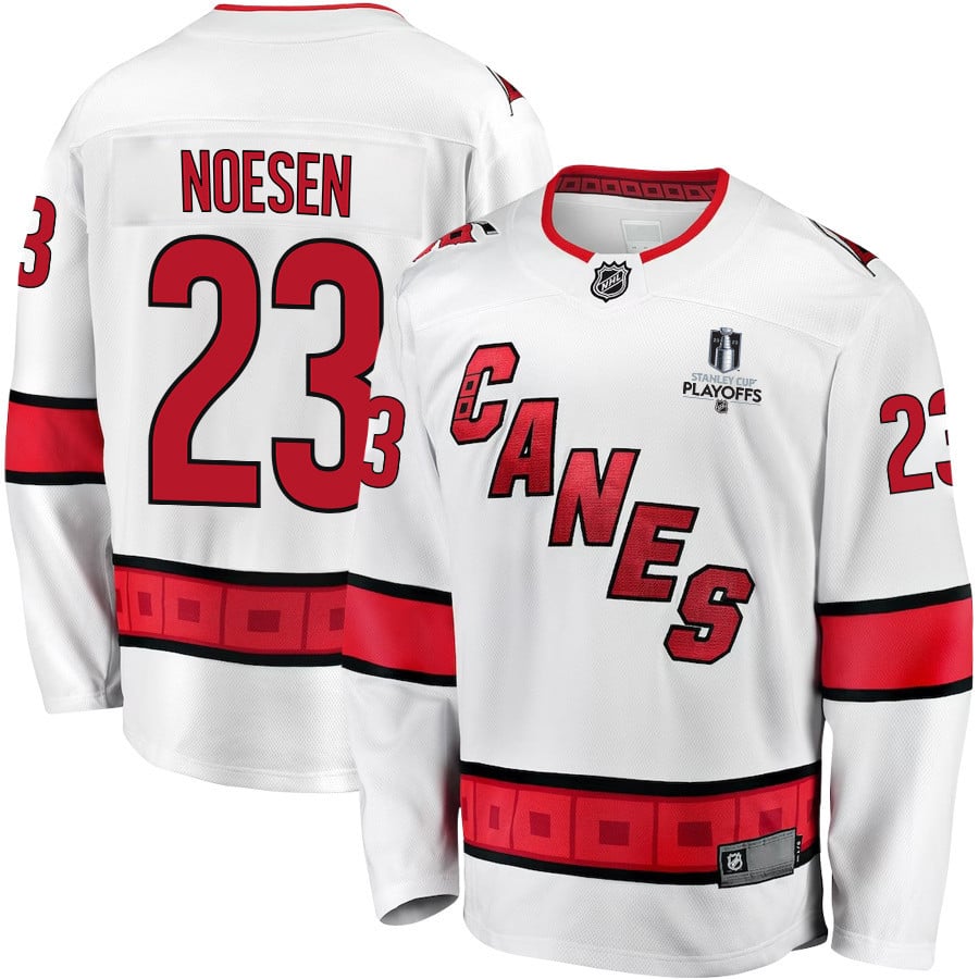 Stefan Noesen 23 Carolina Hurricanes Stanley Cup 2023 Playoffs Patch Away Breakaway White NHL Jersey Men's
