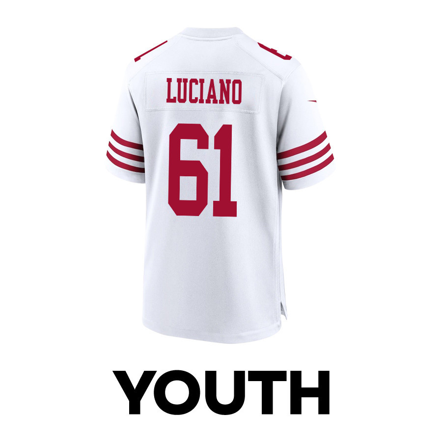 Corey Luciano 61 San Francisco 49ers Super Bowl LVIII Patch Game White NFL Jersey Youth