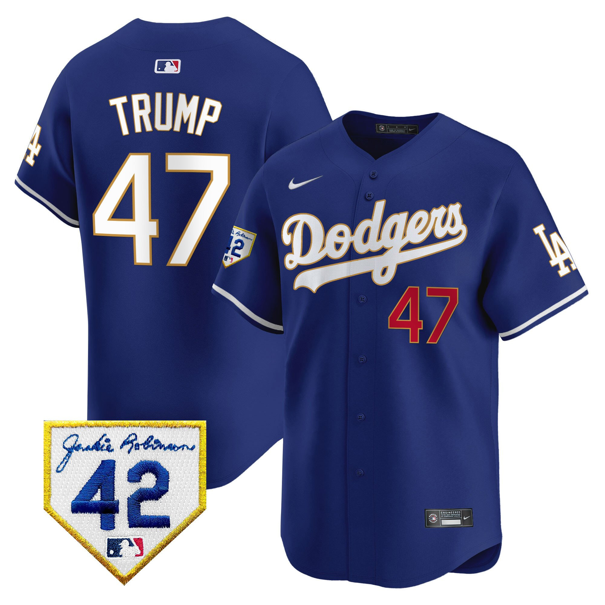 Donald Trump 47 Los Angeles Dodgers 2024 Jackie Robinson Patch Royal MLB Jersey Men's