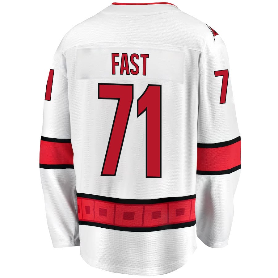 Jesper Fast 71 Carolina Hurricanes Stanley Cup 2023 Playoffs Patch Away Breakaway White NHL Jersey Men's