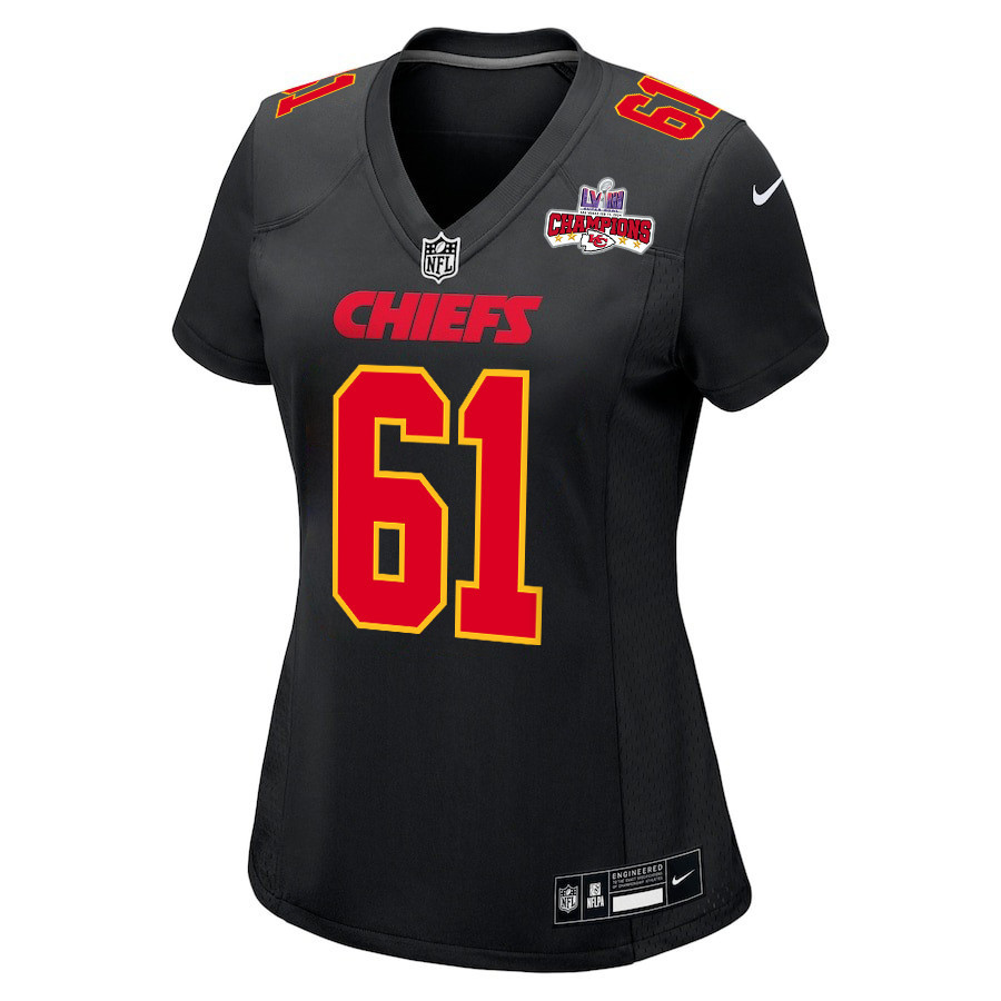 Austin Reiter 61 Kansas City Chiefs Super Bowl LVIII Champions 4 Stars Patch Fashion Game Carbon Black NFL Jersey Women's