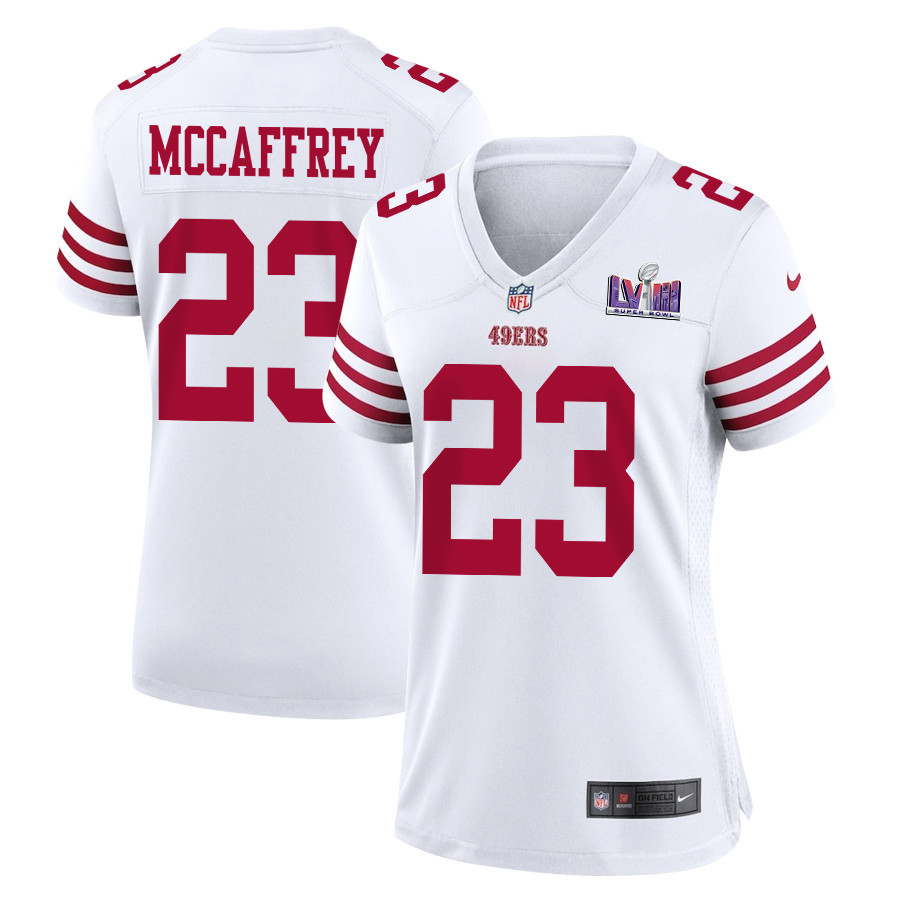 Christian McCaffrey 23 San Francisco 49ers Super Bowl LVIII Patch Game White NFL Jersey Women's