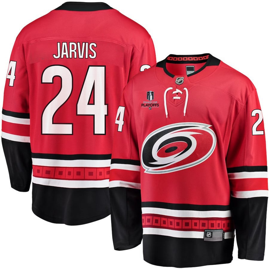 Seth Jarvis 24 Carolina Hurricanes Stanley Cup 2023 Playoffs Patch Home Breakaway Red NHL Jersey Men's