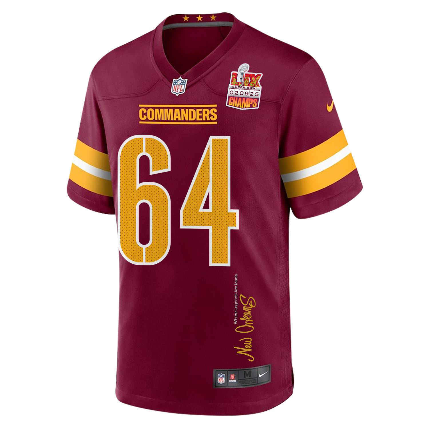 Sheldon Day 64 Washington Commanders Super Bowl LIX Champions Patch New Orleans Where Legends Are Made' EMBROIDERED Game Burgundy NFL Jersey Men's