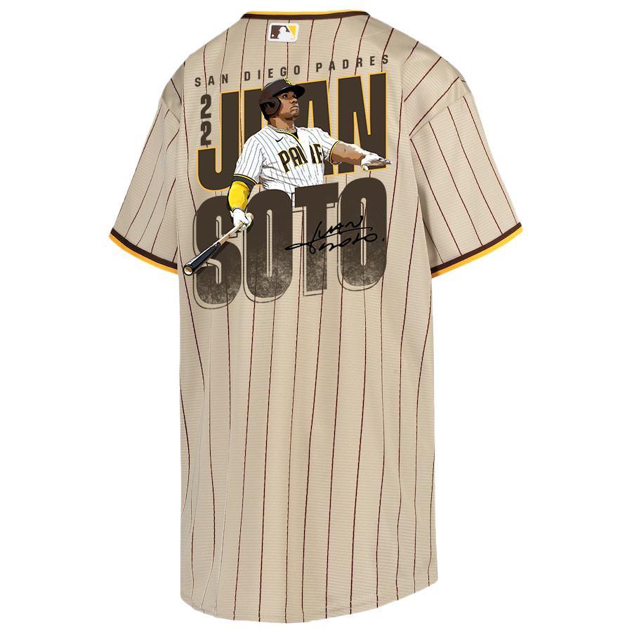 Juan Soto 22 San Diego Padres Signed Posture 2023 Alternate Player Sand/Brown MLB Jersey Youth