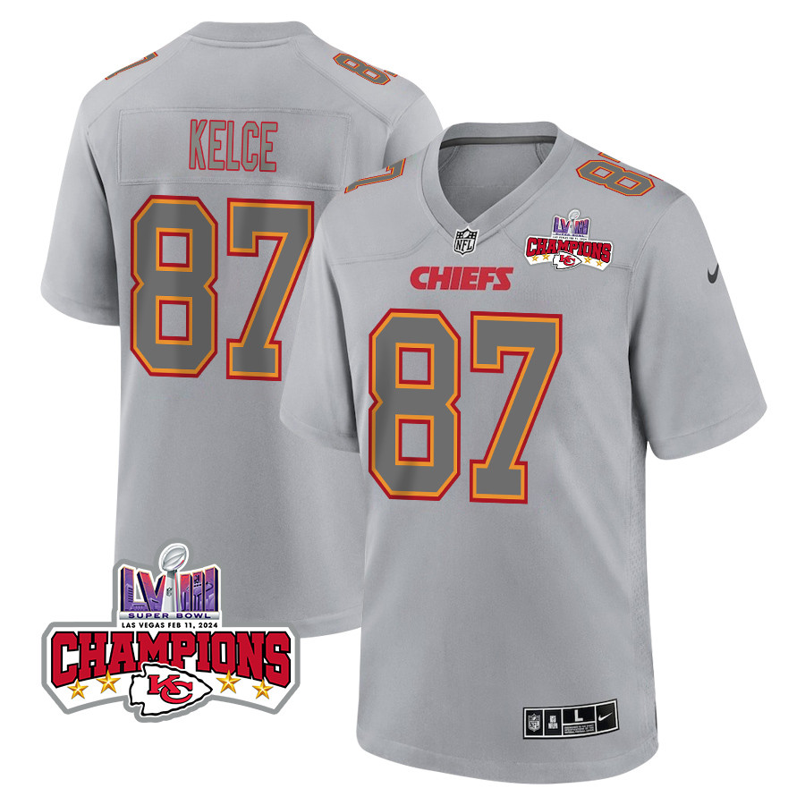 Travis Kelce 87 Kansas City Chiefs Super Bowl LVIII Champions 4 Stars Patch Atmosphere Fashion Game Gray NFL Jersey Men's