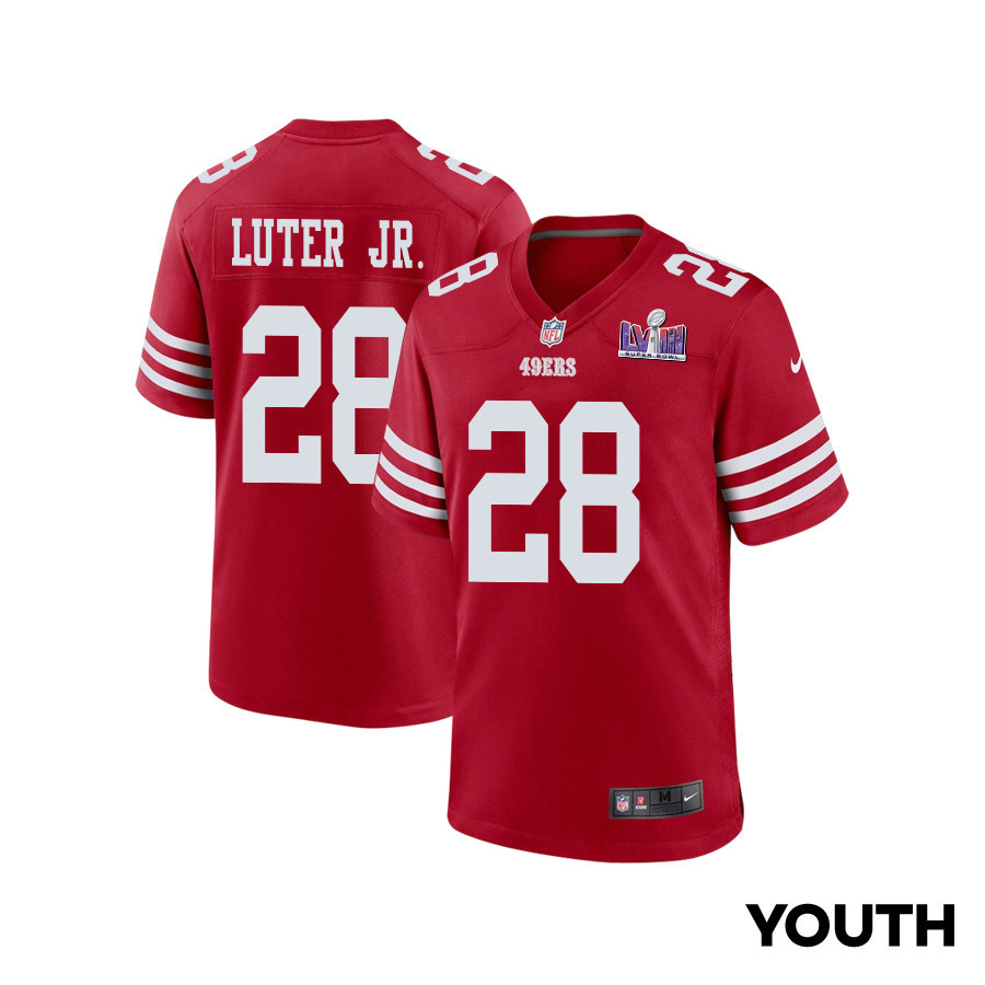 Darrell Luter Jr. 28 San Francisco 49ers Super Bowl LVIII Patch Game Scarlet NFL Jersey Youth