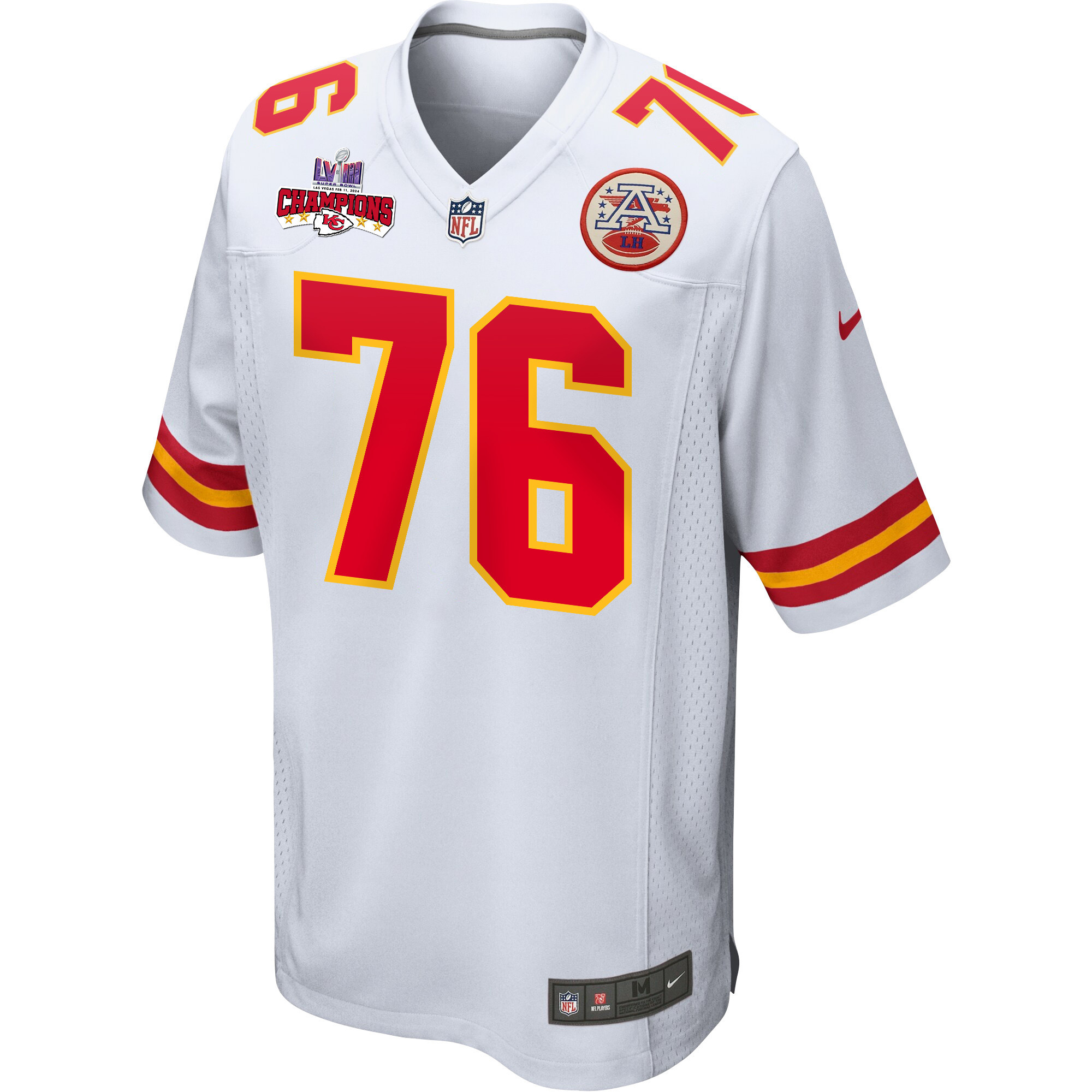 Prince Tega Wanogho 76 Kansas City Chiefs Super Bowl LVIII Champions 4 Stars Patch Game White NFL Jersey Men's