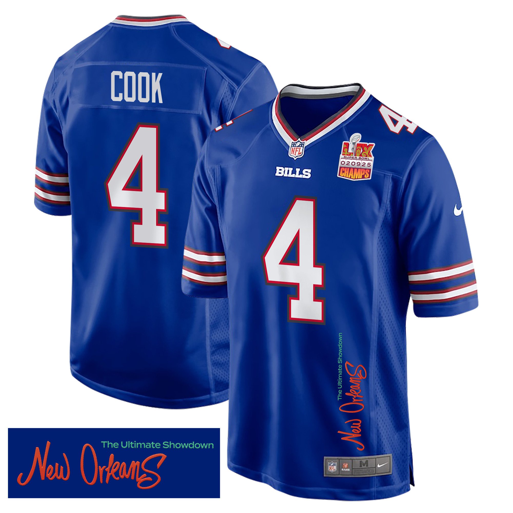 James Cook 4 Buffalo Bills Super Bowl LIX Champions Patch New Orleans The Ultimate Showdown' EMBROIDERED Game Royal NFL Jersey Men's