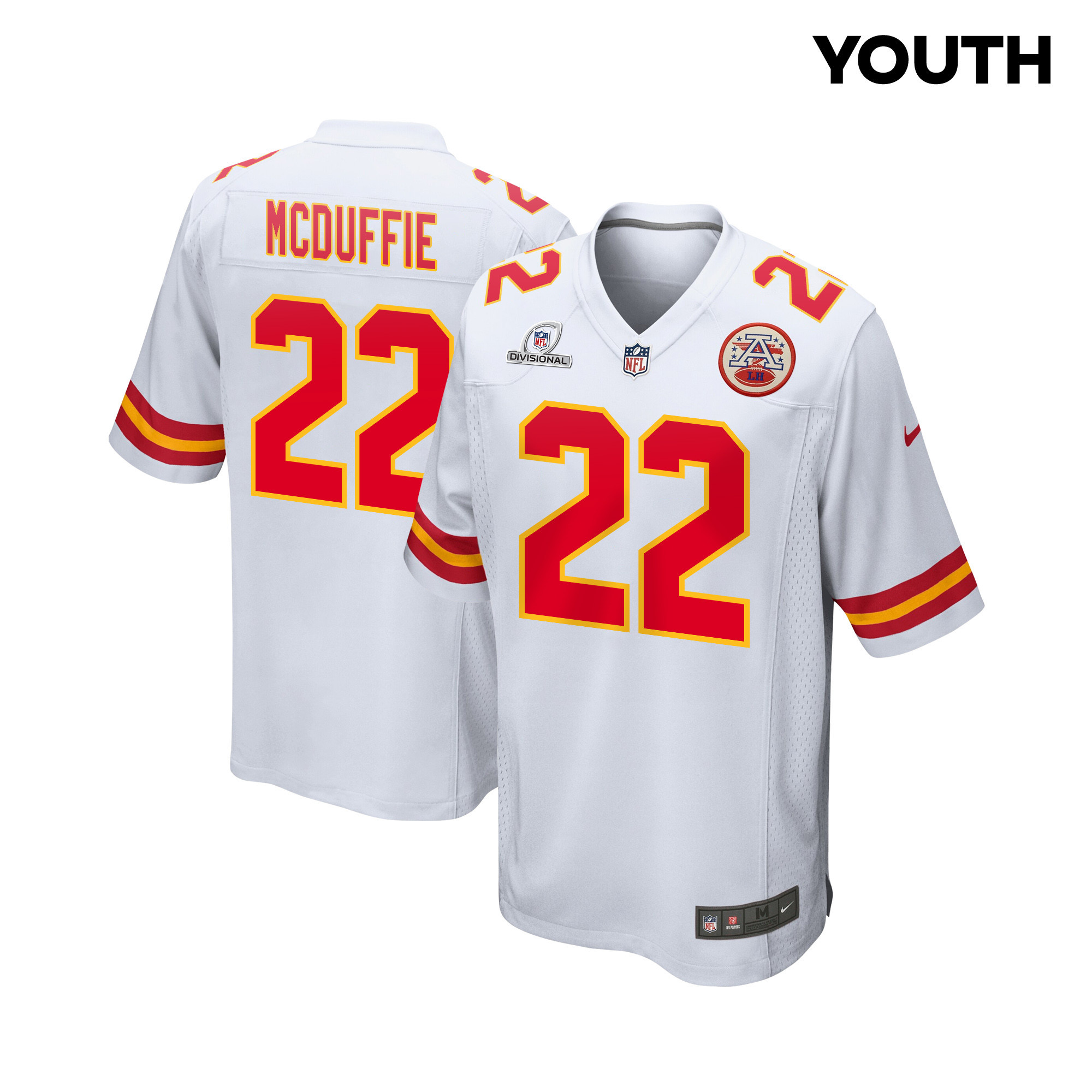 Trent McDuffie 22 Kansas City Chiefs Super Bowl LVIII Patch Game White NFL Jersey Youth