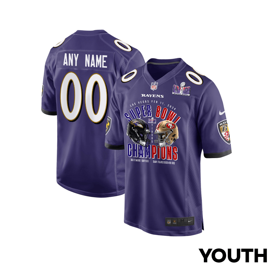 Baltimore Ravens vs. San Francisco 49ers Super Bowl LVIII Matchup Game Custom Purple NFL Jersey Youth