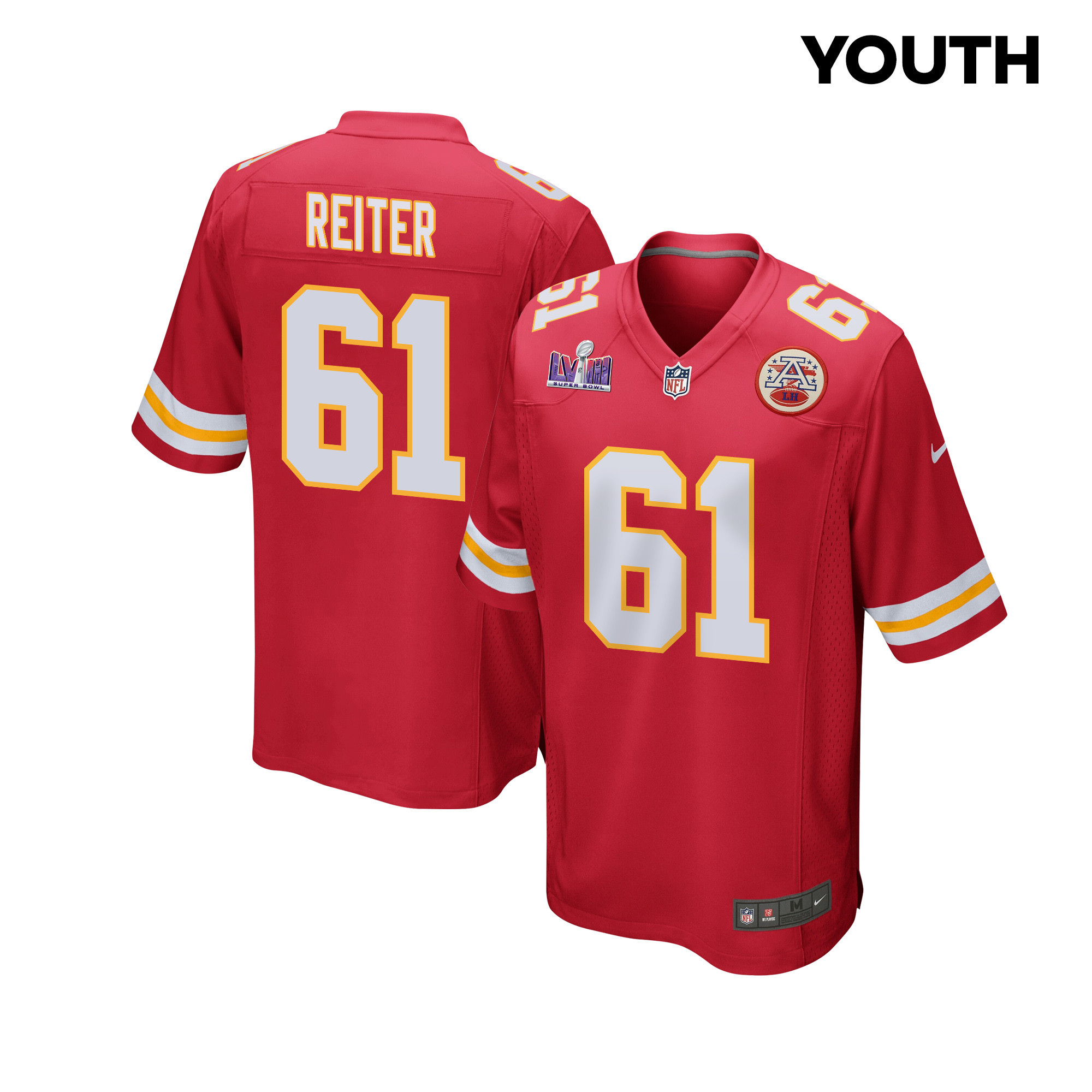 Austin Reiter 61 Kansas City Chiefs Super Bowl LVIII Patch Game Red NFL Jersey Youth