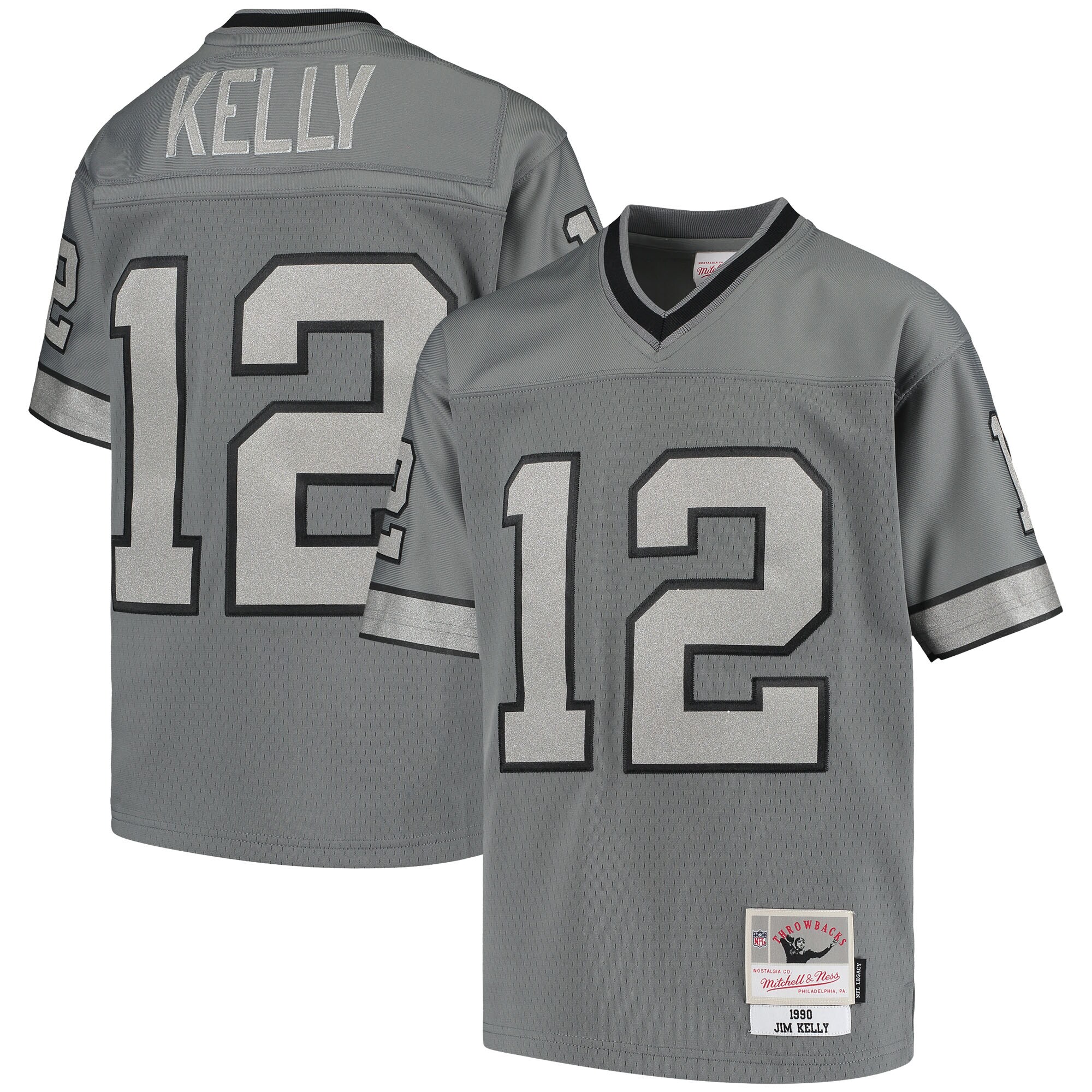 Buffalo Bills Jim Kelly Mitchell Ness Charcoal 1990 Retired Player Metal NFL Jersey Youth