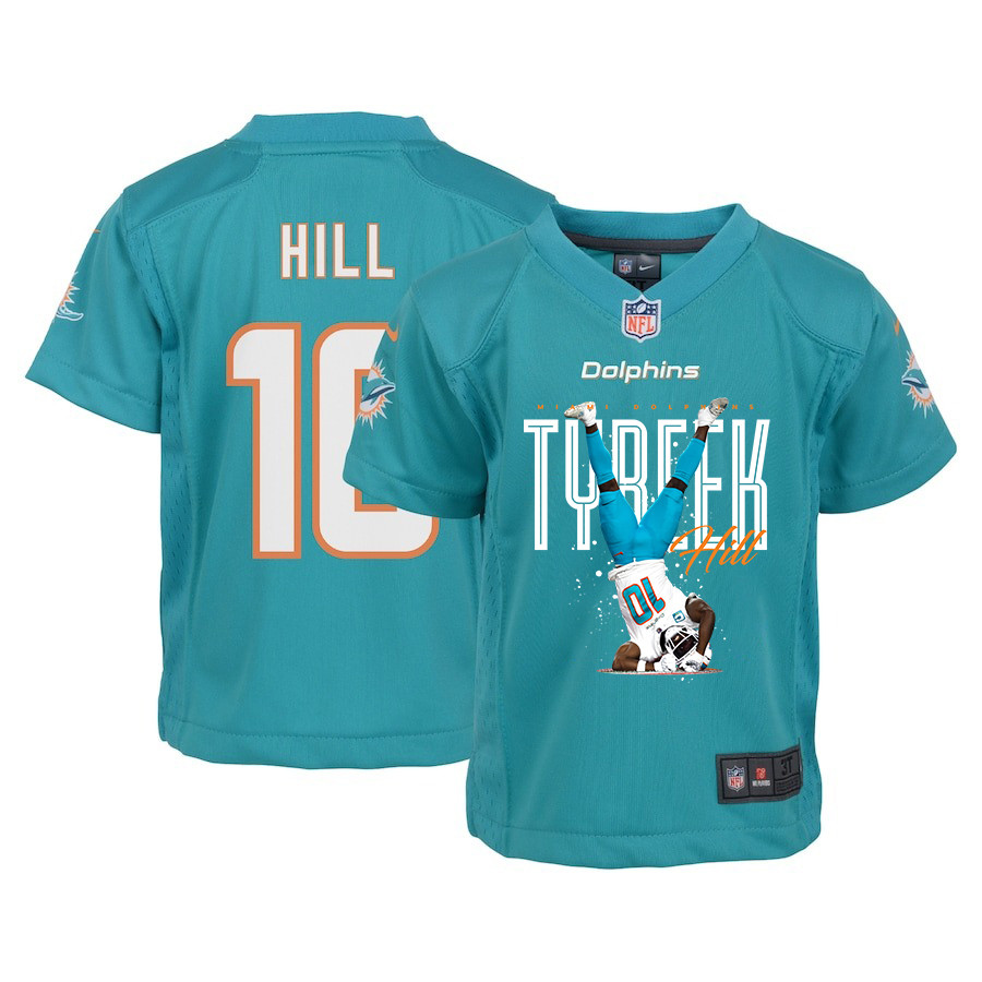 Tyreek Hill 10 Miami Dolphins Celebrating Game Aqua NFL Jersey Youth