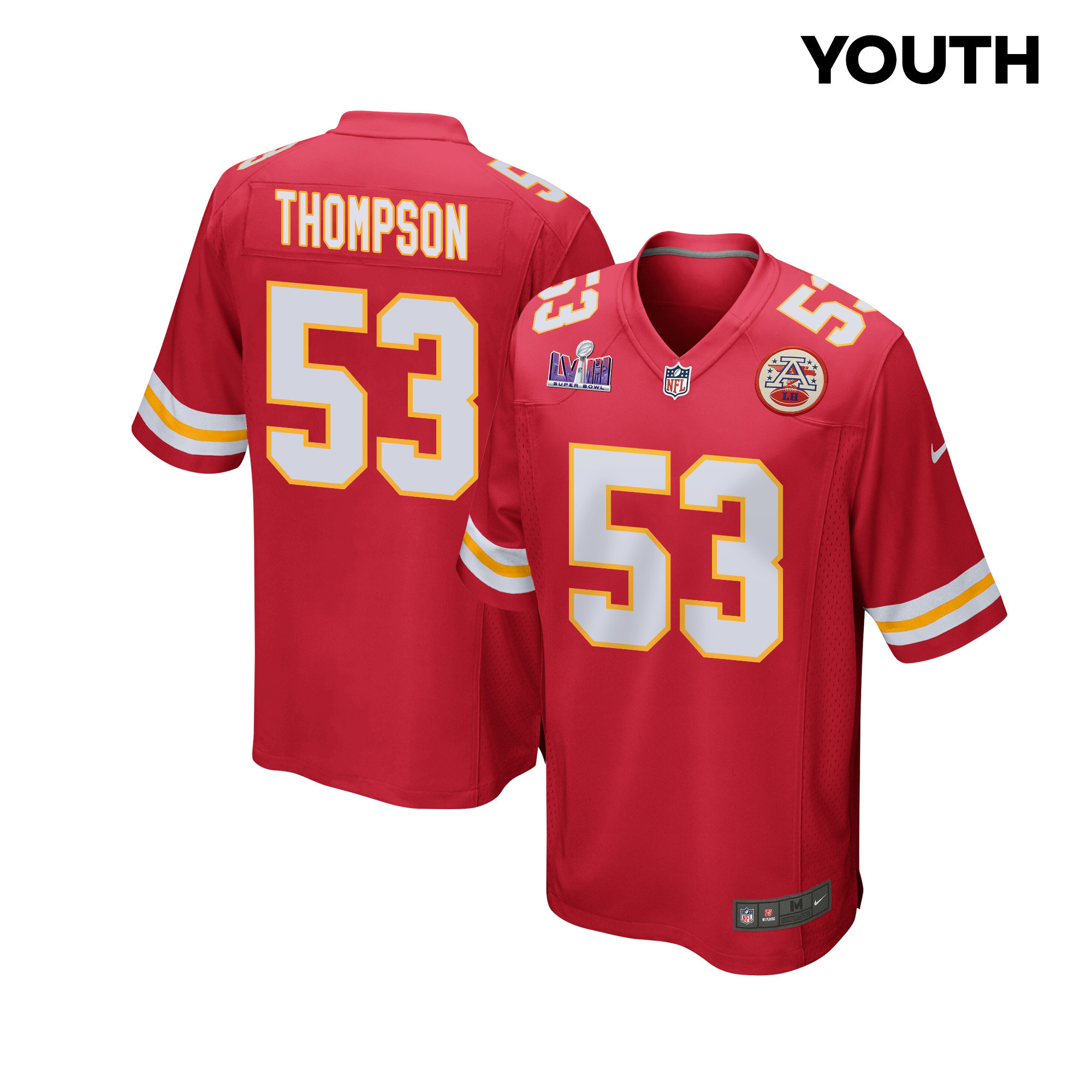 BJ Thompson 53 Kansas City Chiefs Super Bowl LVIII Patch Game Red NFL Jersey Youth