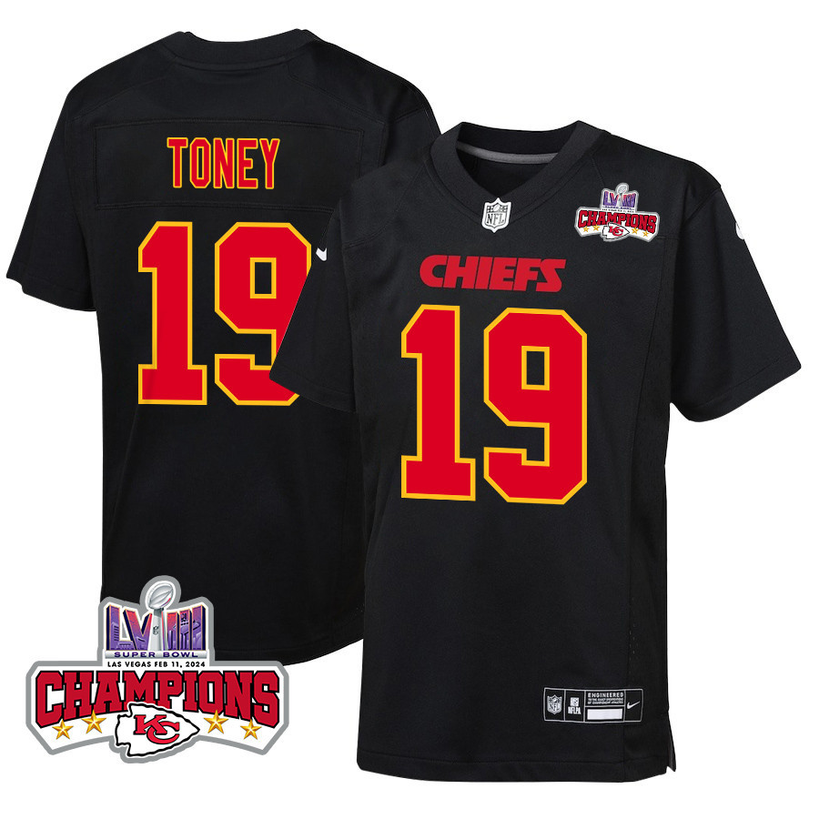 Kadarius Toney 19 Kansas City Chiefs Super Bowl LVIII Champions 4 Stars Patch Fashion Game Carbon Black NFL Jersey Youth