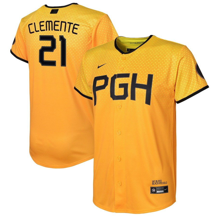 Roberto Clemente 21 Pittsburgh Pirates 2023 City Connect Gold MLB Jersey Youth