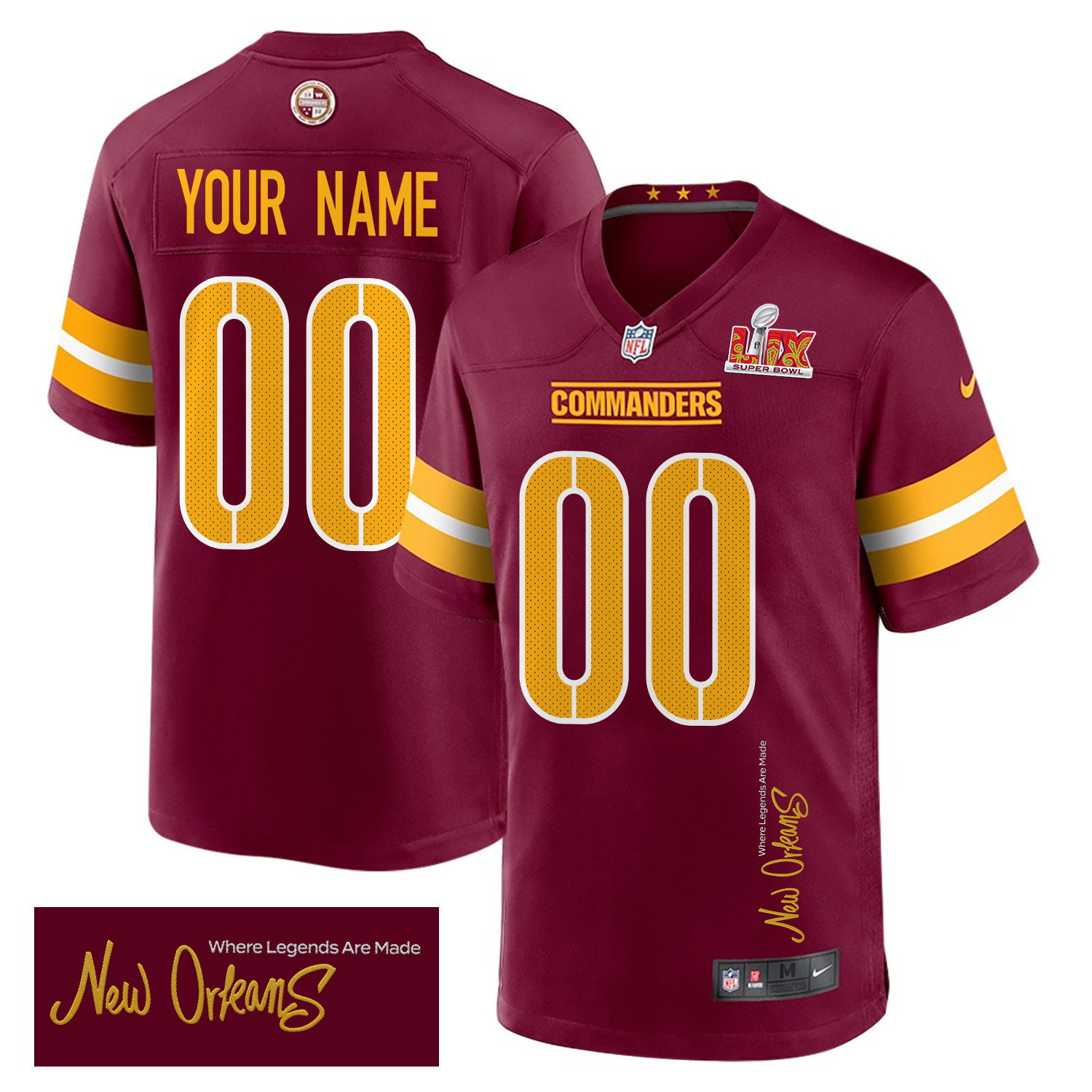Washington Commanders Super Bowl LIX New Orleans Where Legends Are Made' EMBROIDERED Game Custom Burgundy NFL Jersey Men's