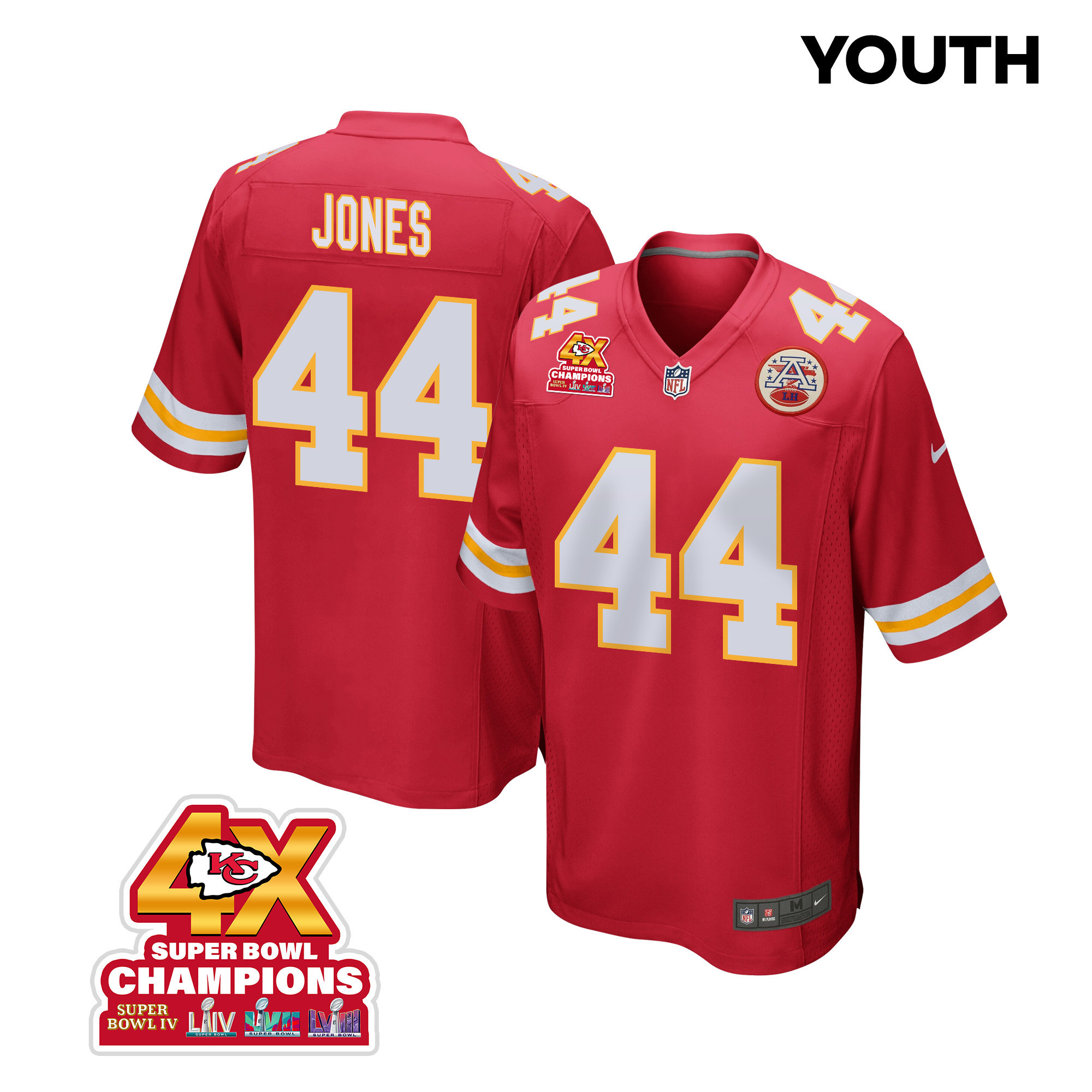 Cam Jones 44 Kansas City Chiefs Super Bowl LVIII Champions 4X Game Red NFL Jersey Youth