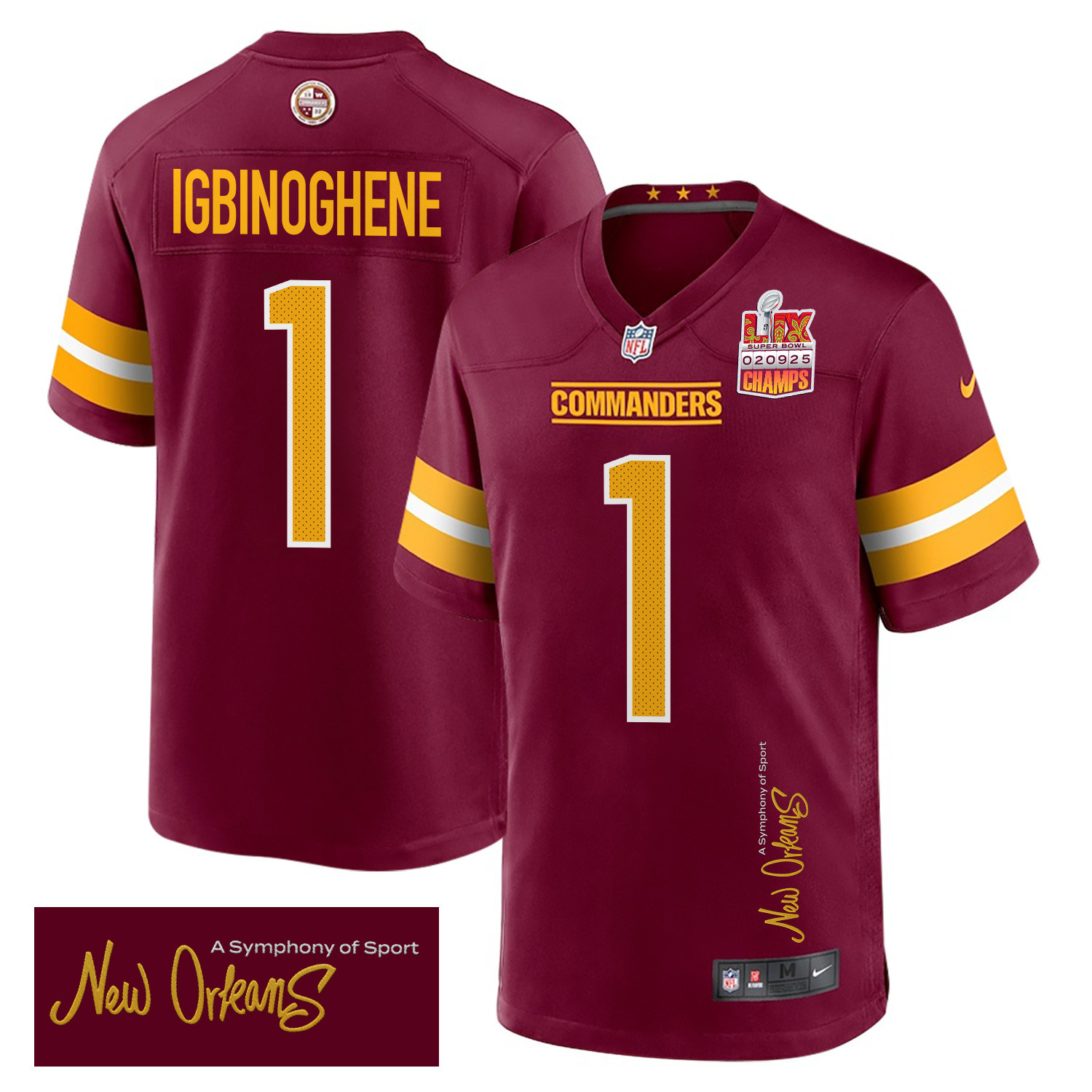 Noah Igbinoghene 1 Washington Commanders Super Bowl LIX Champions Patch New Orleans A Symphony of Sport' EMBROIDERED Game Burgundy NFL Jersey Men's