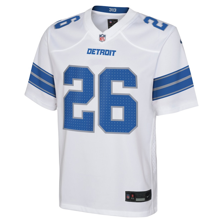 Jahmyr Gibbs 26 Detroit Lions Player Game White NFL Jersey Youth