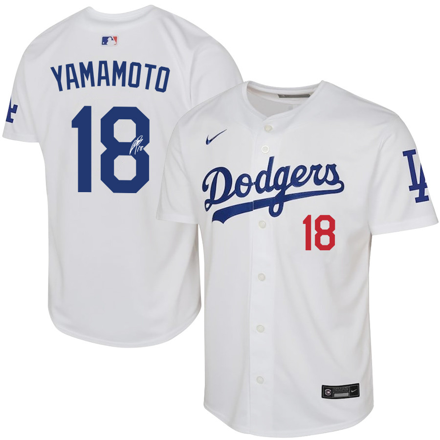 Yoshinobu Yamamoto 18 Signed Los Angeles Dodgers Home White MLB Jersey Youth