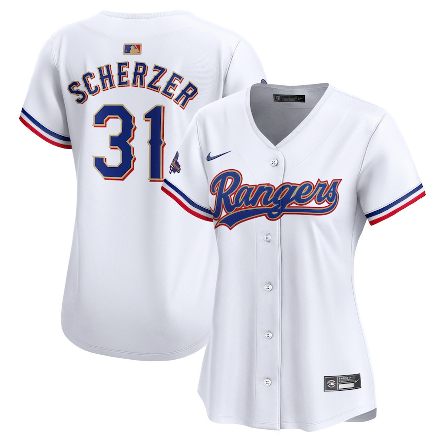 Max Scherzer 31 Texas Rangers 2024 Gold Collection Limited White MLB Jersey Women's