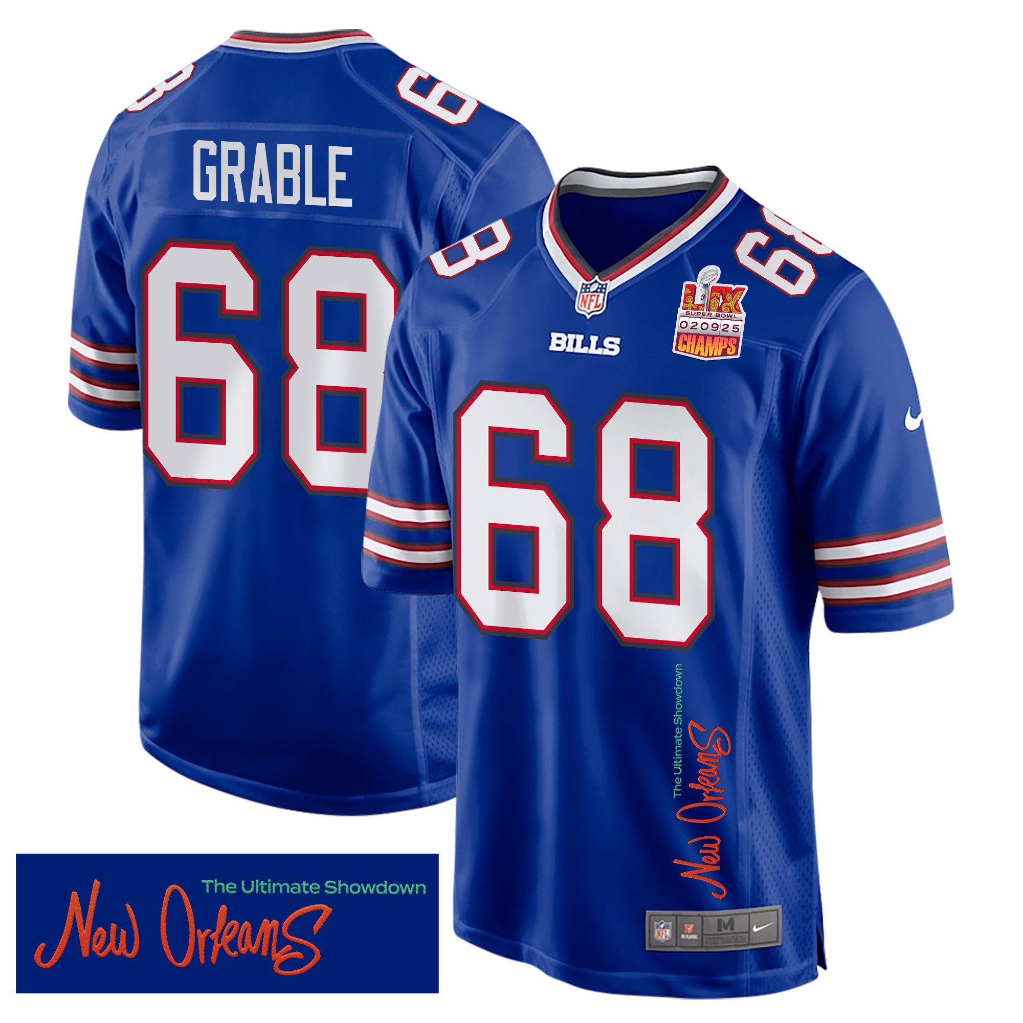 Tylan Grable 68 Buffalo Bills Super Bowl LIX Champions Patch New Orleans The Ultimate Showdown' EMBROIDERED Game Royal NFL Jersey Men's
