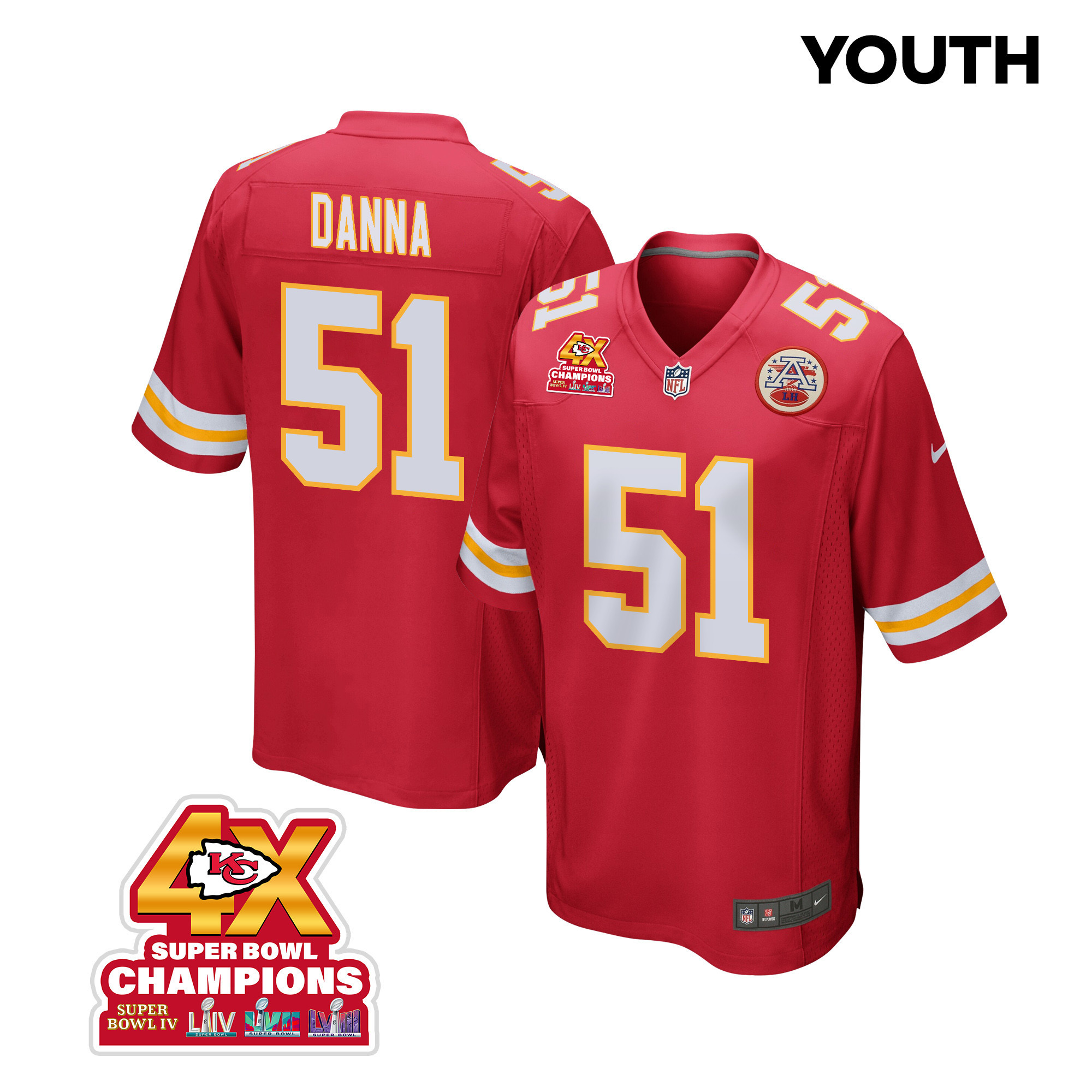 Mike Danna 51 Kansas City Chiefs Super Bowl LVIII Champions 4X Game Red NFL Jersey Youth