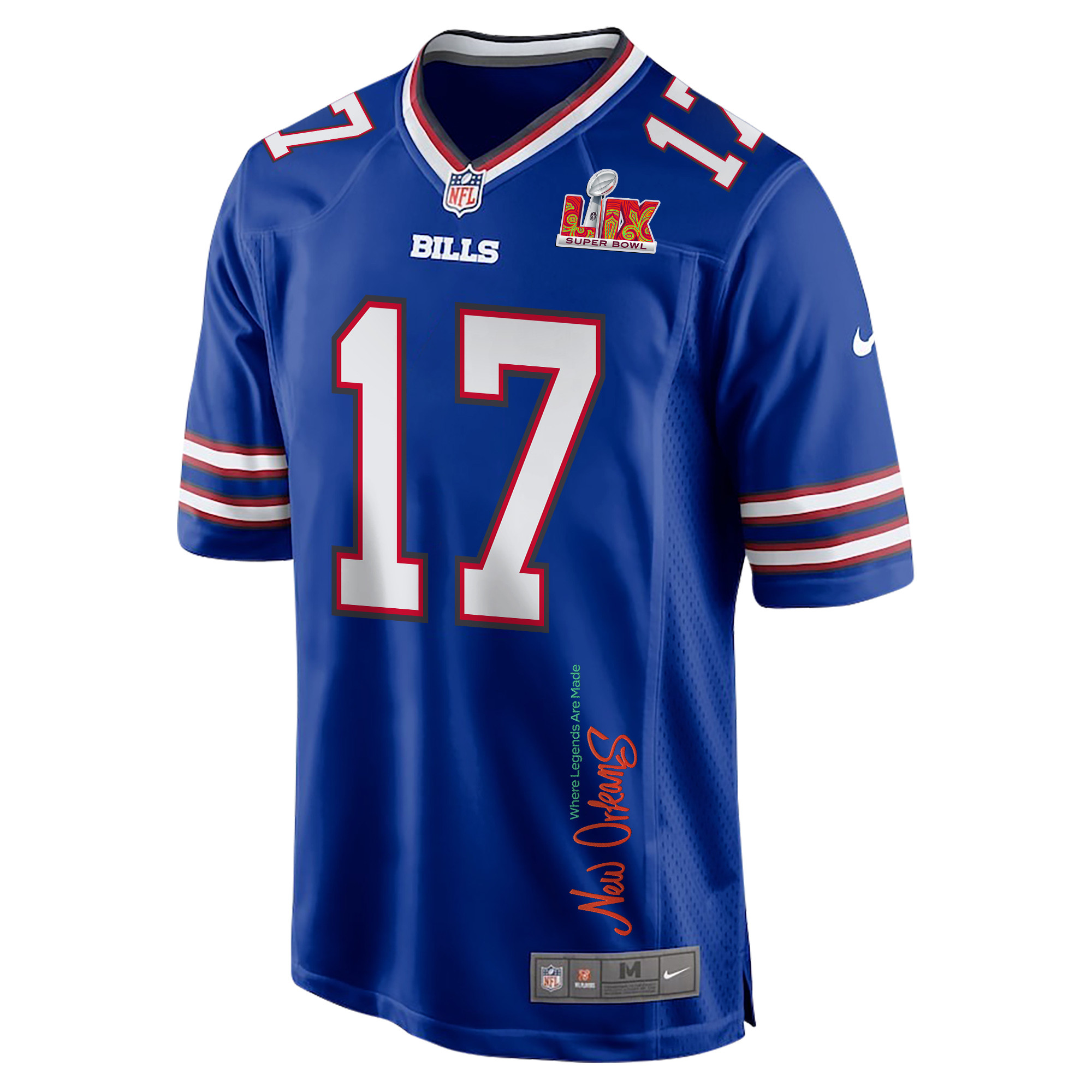 Josh Allen 17 Buffalo Bills Super Bowl LIX New Orleans Where Legends Are Made' EMBROIDERED Game Royal NFL Jersey Men's