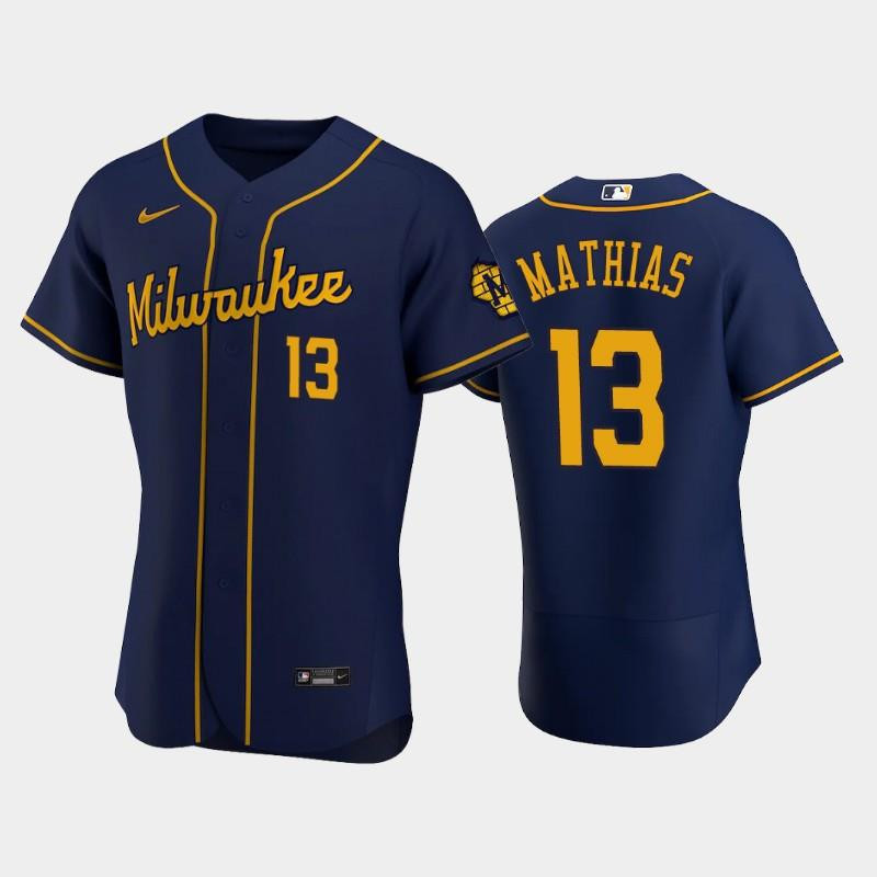 Milwaukee Brewers 13 Mark Mathias Alternate Team Navy MLB Jersey Men's