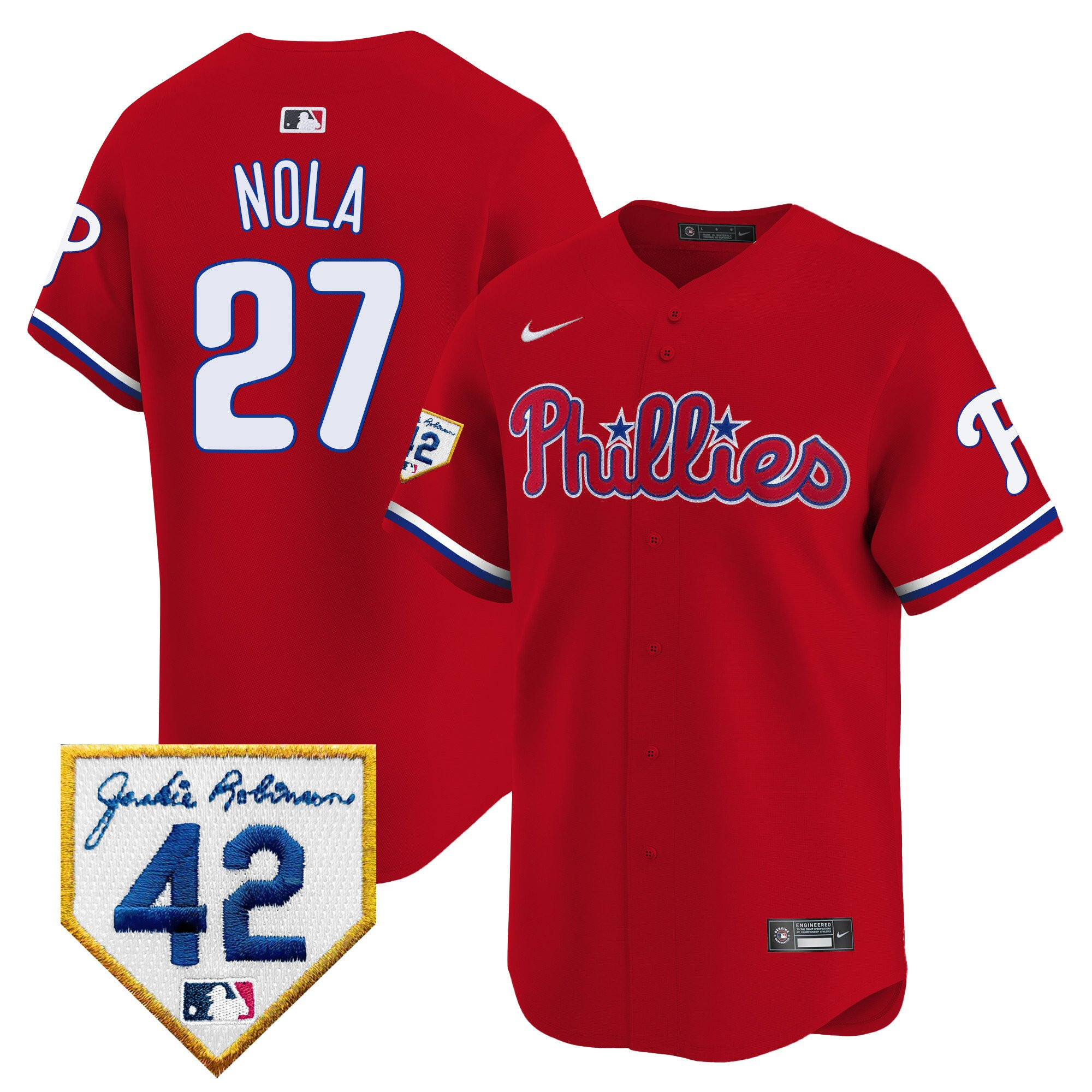 Aaron Nola 27 Philadelphia Phillies 2024 Jackie Robinson Patch Red MLB Jersey Men's