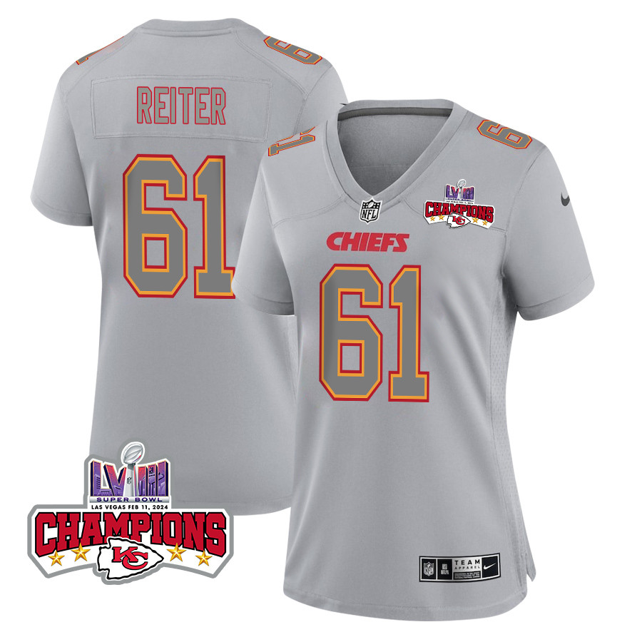 Austin Reiter 61 Kansas City Chiefs Super Bowl LVIII Champions 4 Stars Patch Atmosphere Fashion Game Gray NFL Jersey Women's